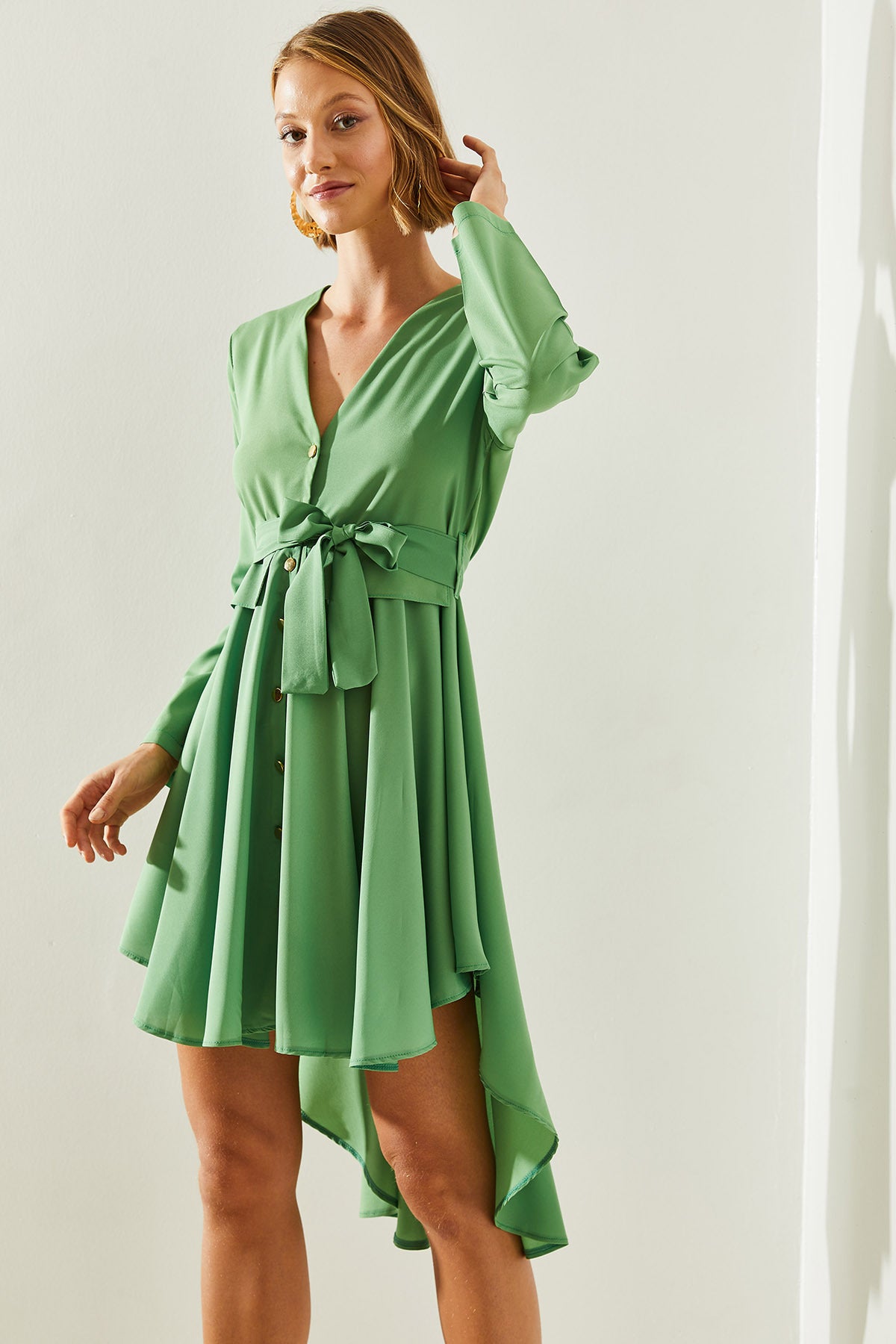 Women's Short Front Long Back V-Neck Buttoned Ornamental Pocket Detailed Belted Dress 22106 60251499