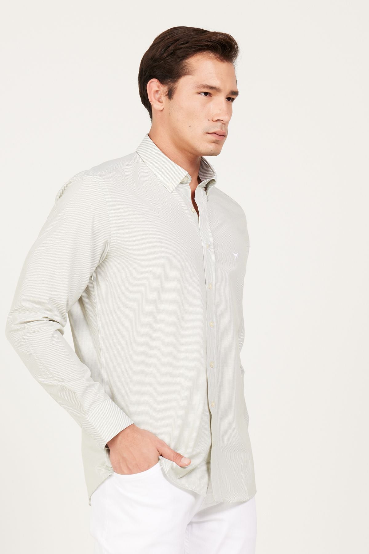 Men's green-white slim fit narrow cut buttoned collar cotton striped shirt