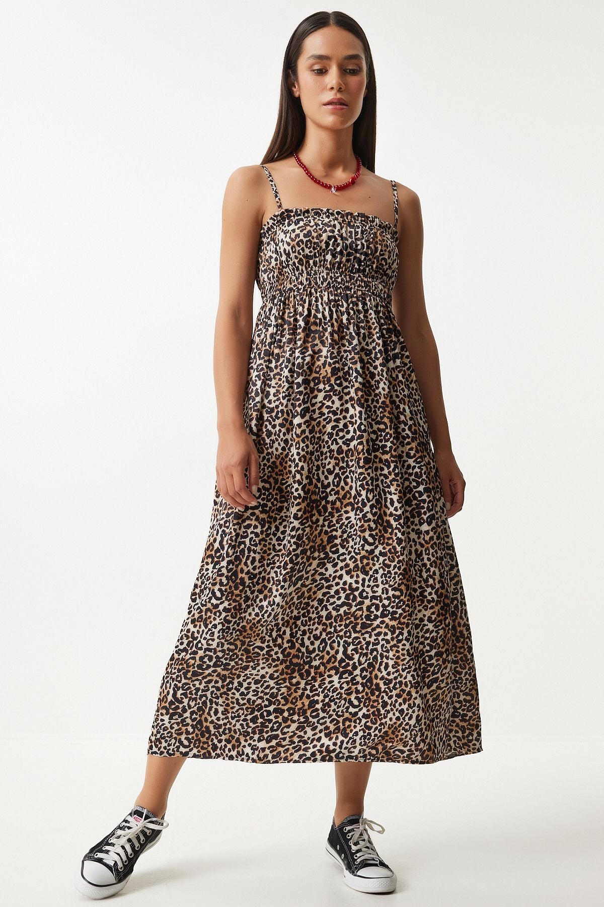 Female Black Beige Leopard Patterned Viscose Dress UB00287