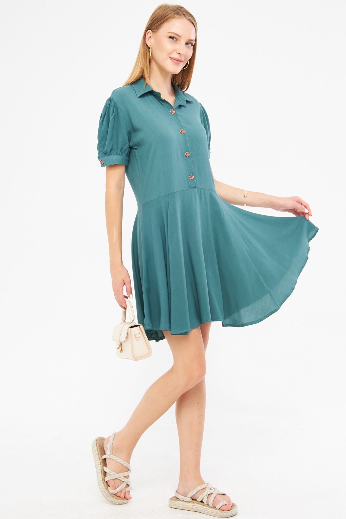 Female turquoise shirt collar handle slit detailed closh watermelon sleeve dress ARM-24Y001083