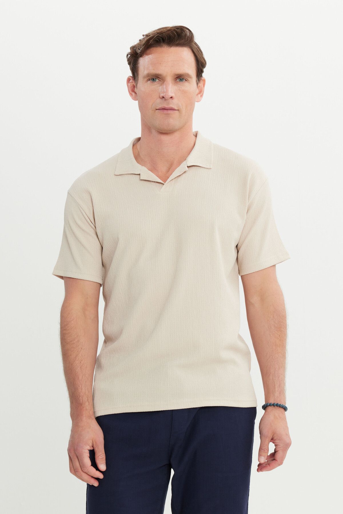 Men's Beige Relax Fit Casual Cut Polo Yaka T -shirt