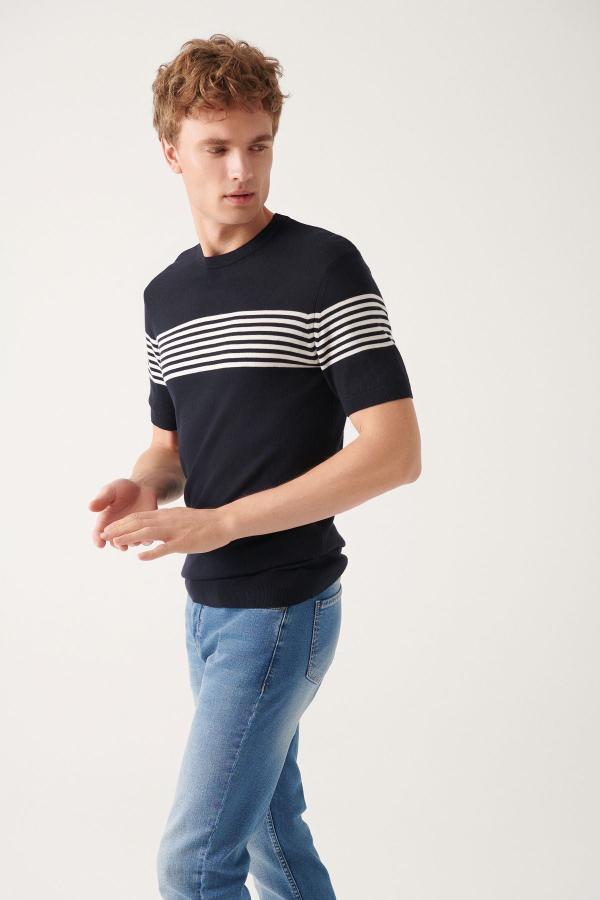 Men's navy blue bike collar breast and arm line detailed knitwear T-shirt A31y5116