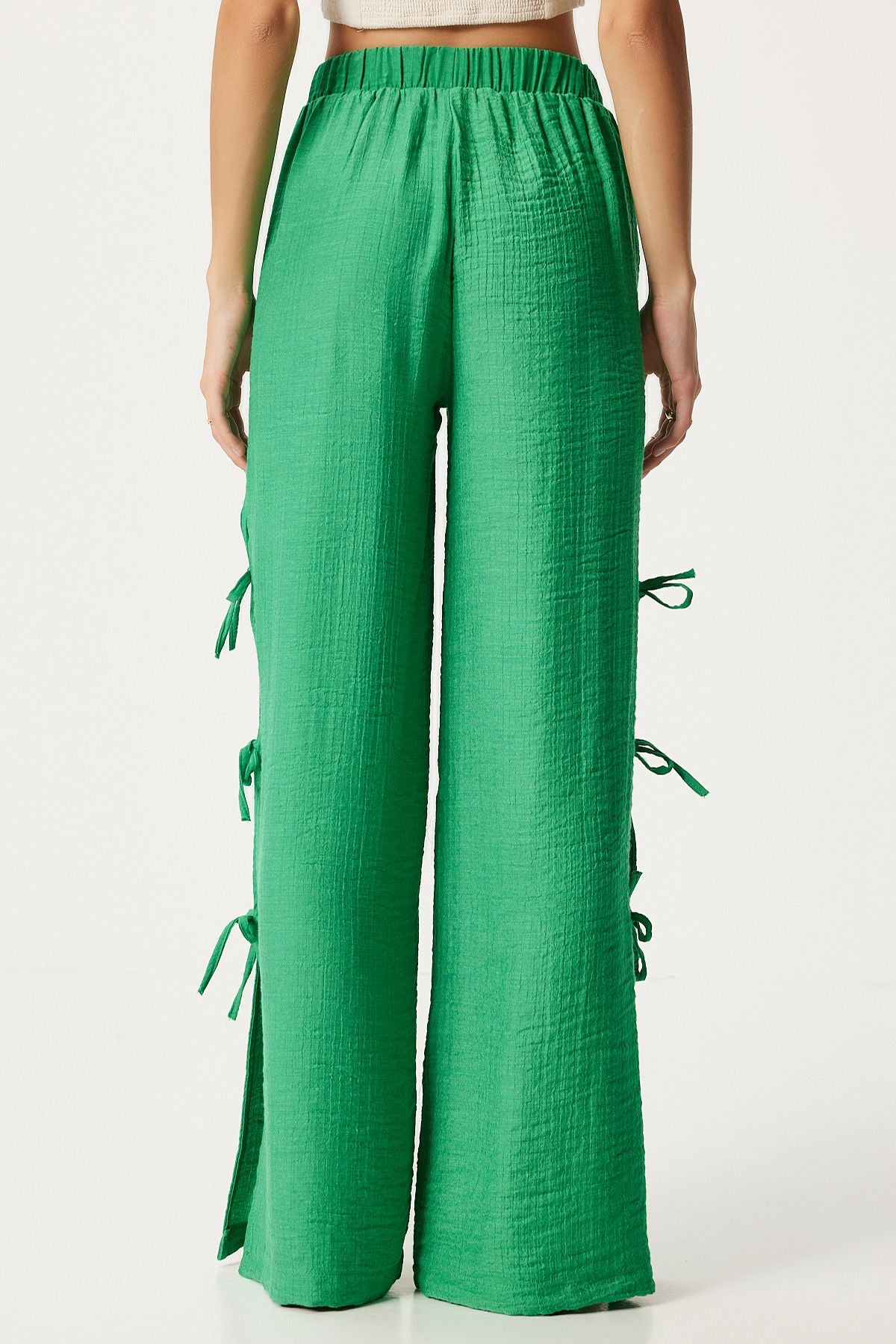 Female Green Bow Slit Flax Pants FN03298