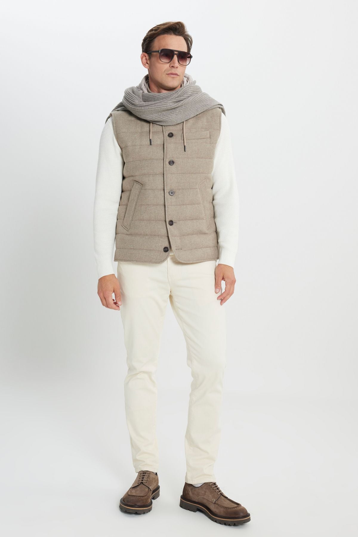 Men's beige woolen standard fit fit normal cut hooded upright collar color block vest