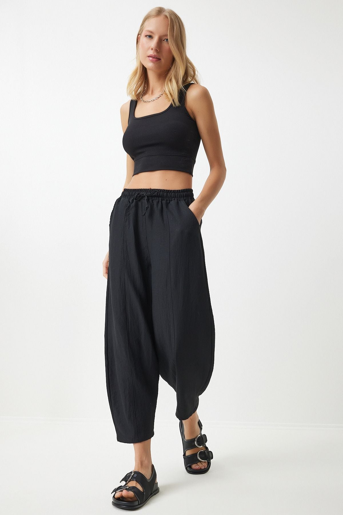 Female Black Pocket Linen Viscose Shalwar Pants CV00001