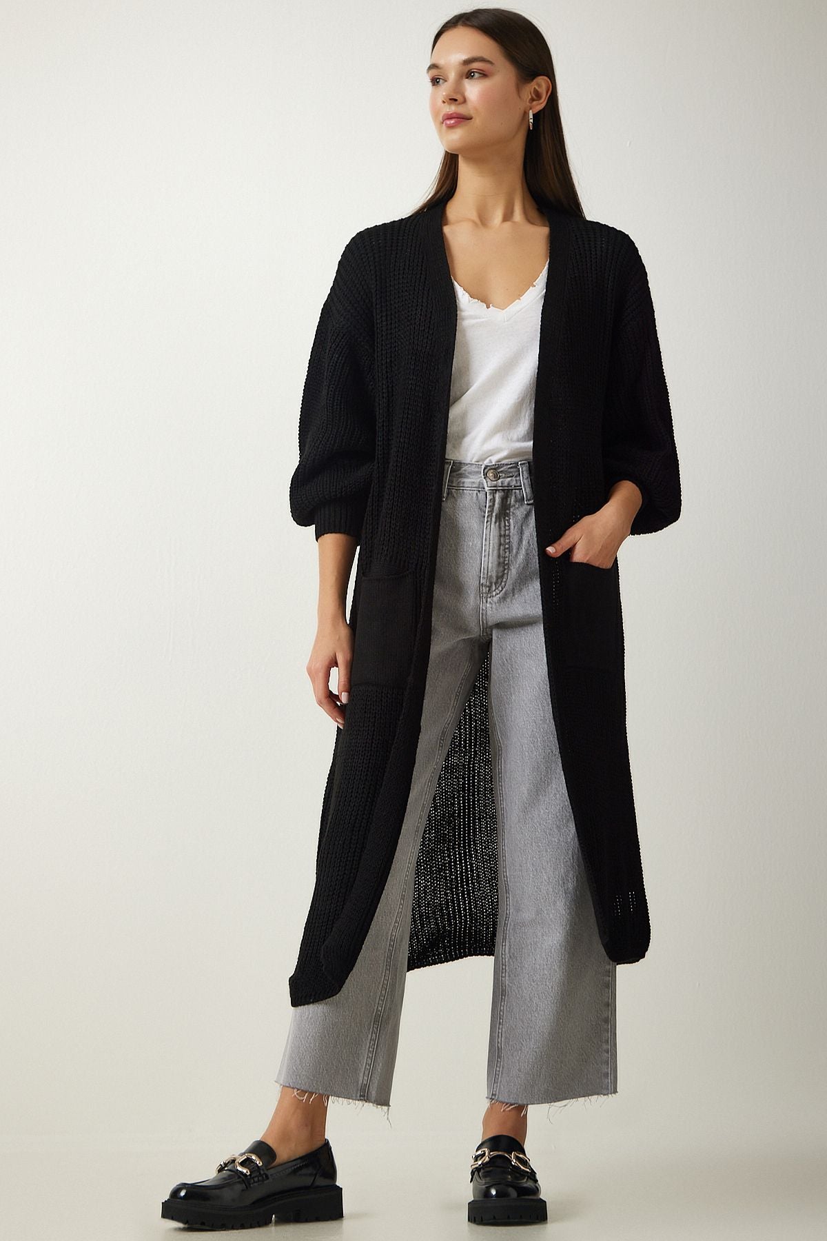 Women's black balloon sleeve long knitwear cardigan AS00026