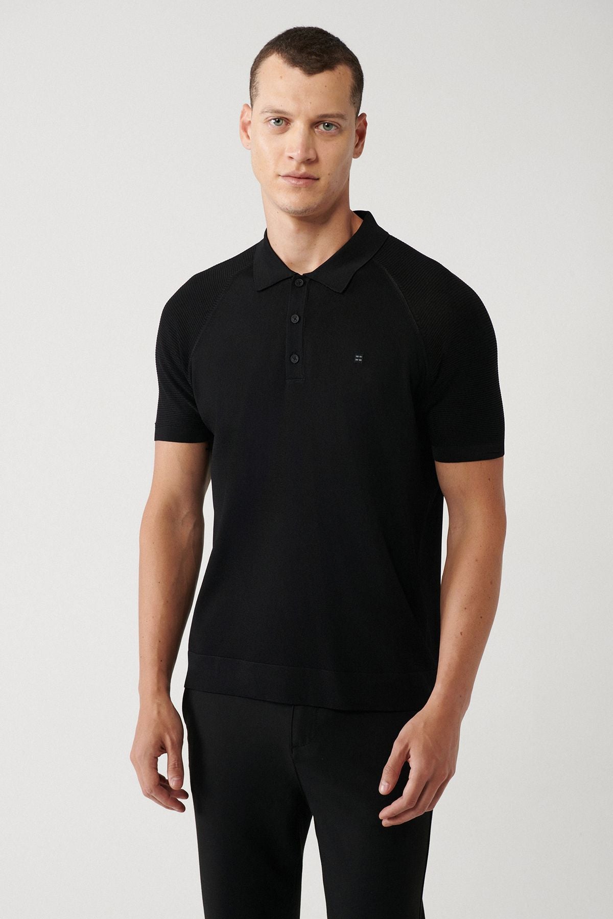 Men's black arms knitting detailed rayon knitwear t-shirt A32y5018