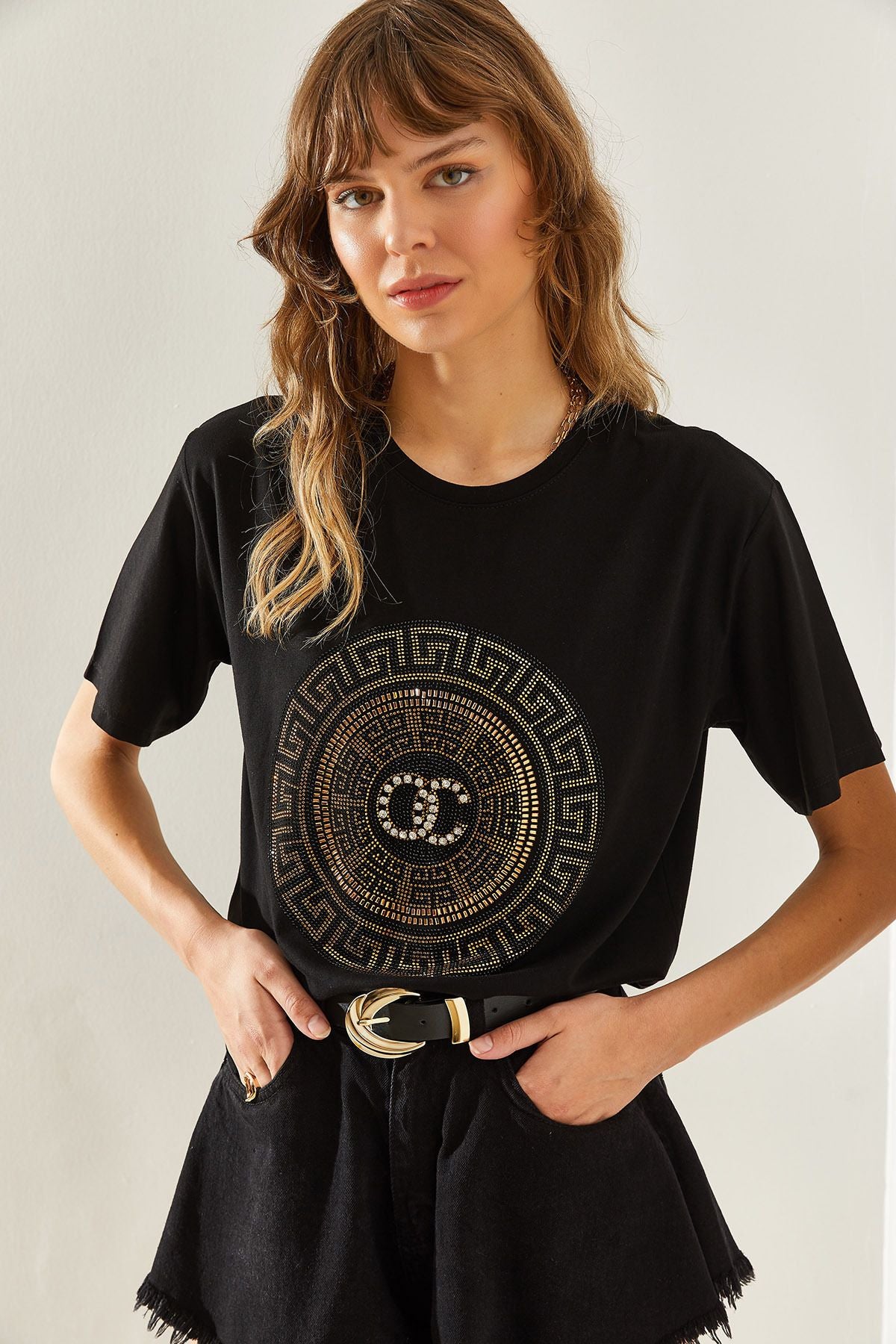 Female Bicycle Collar Stone Detail Basic Combed T-Shirt 60251238