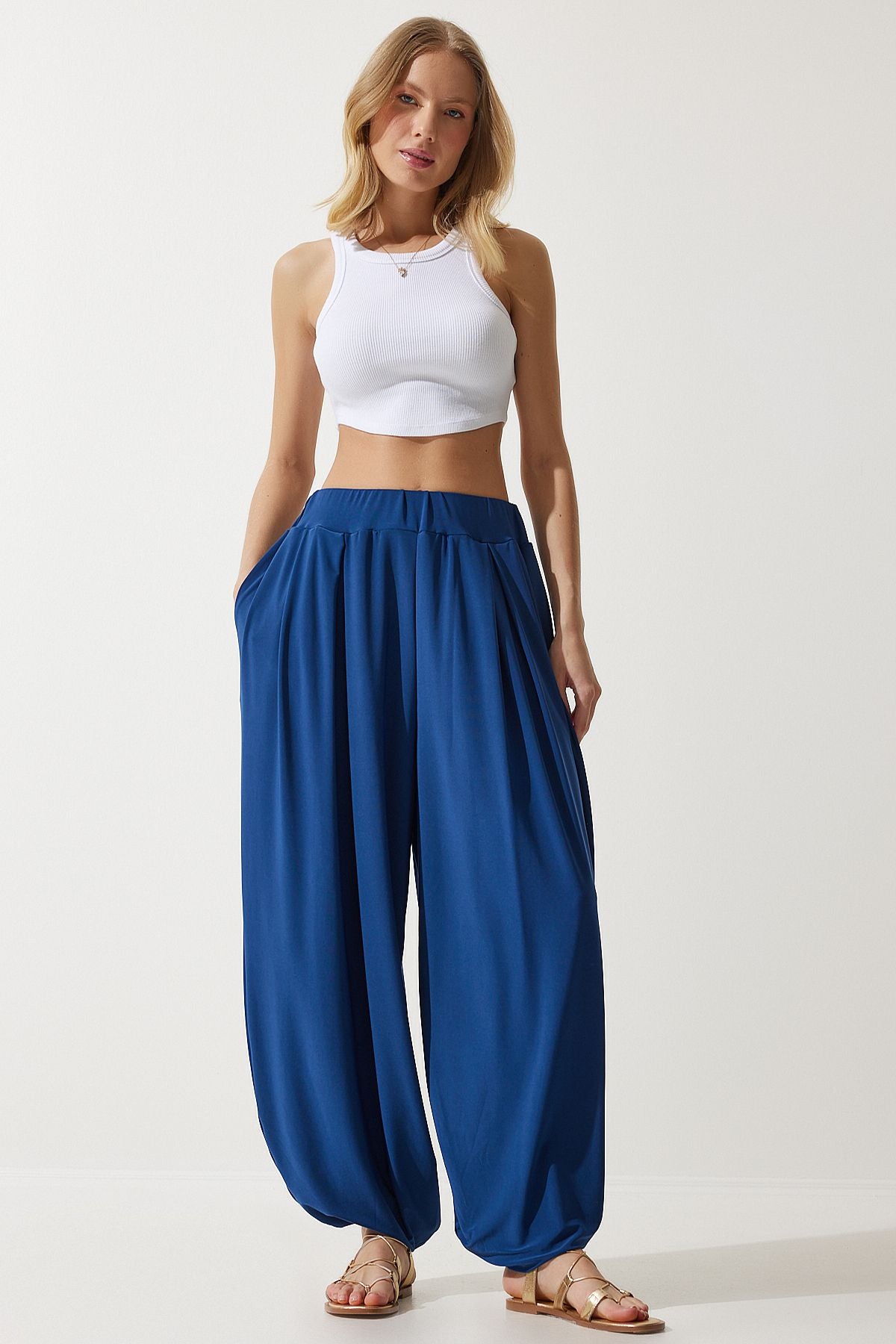 Female navy blue pleated comfortable modal shalwar pants DD01313