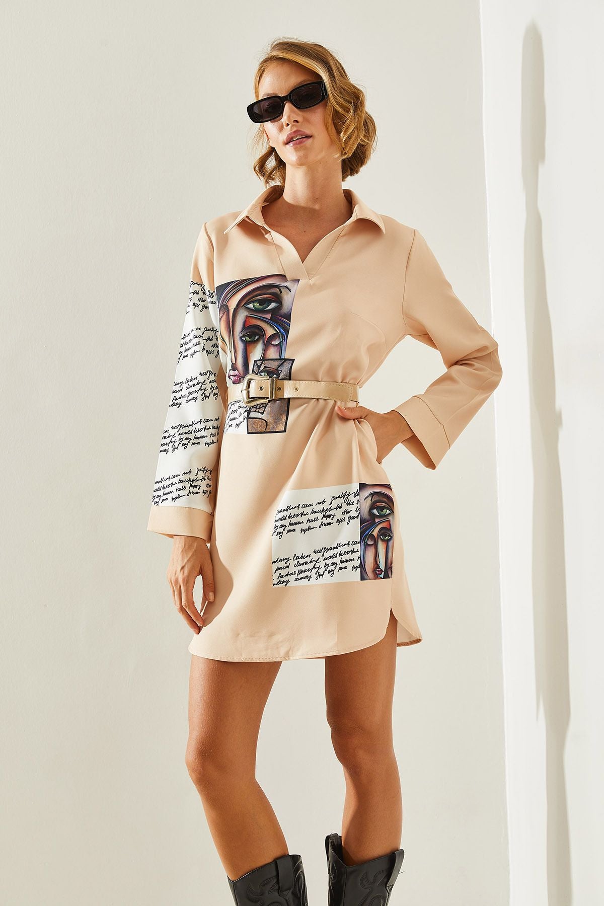 Women's Shirt Collar Digital Printing Patterned Pocket Detailed Arched Dress 22241 60251618