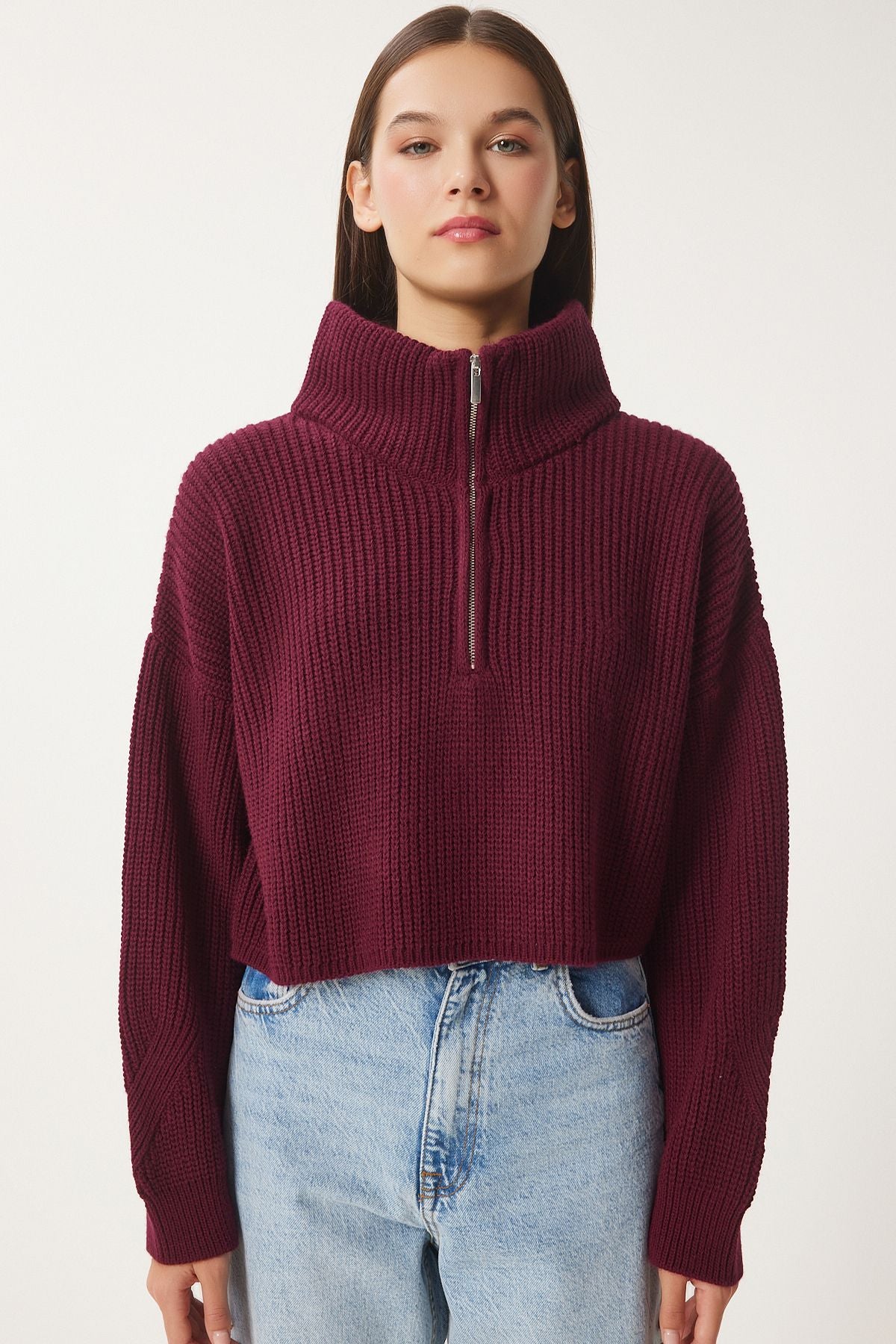 Female Bordeaux Zipper Fisherman Yaka Knitwear Kazakh MX00124