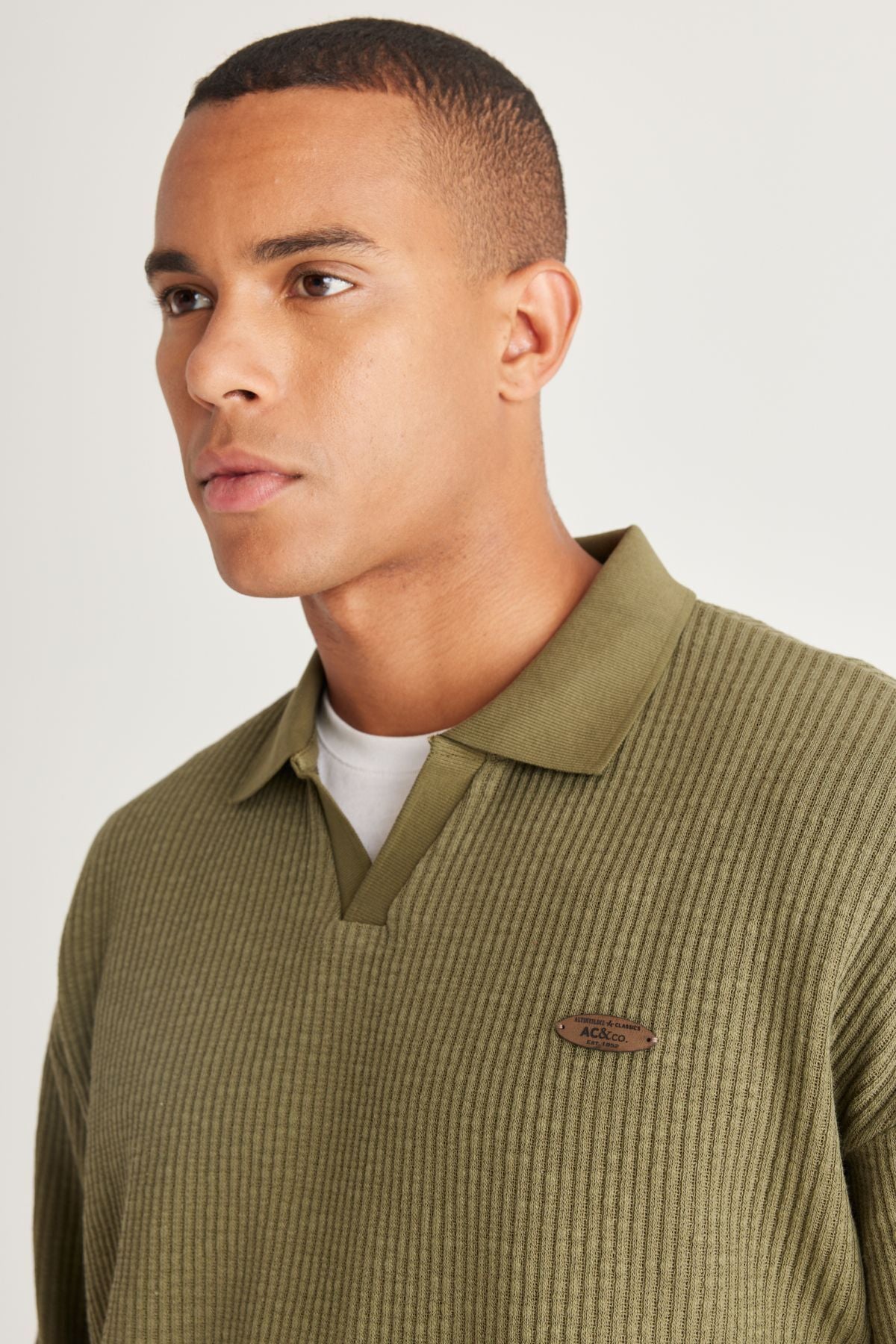 Men's Khaki Loose Fit Içi Polar 3 IP Polo Yaka Jacquard Sweatshirt