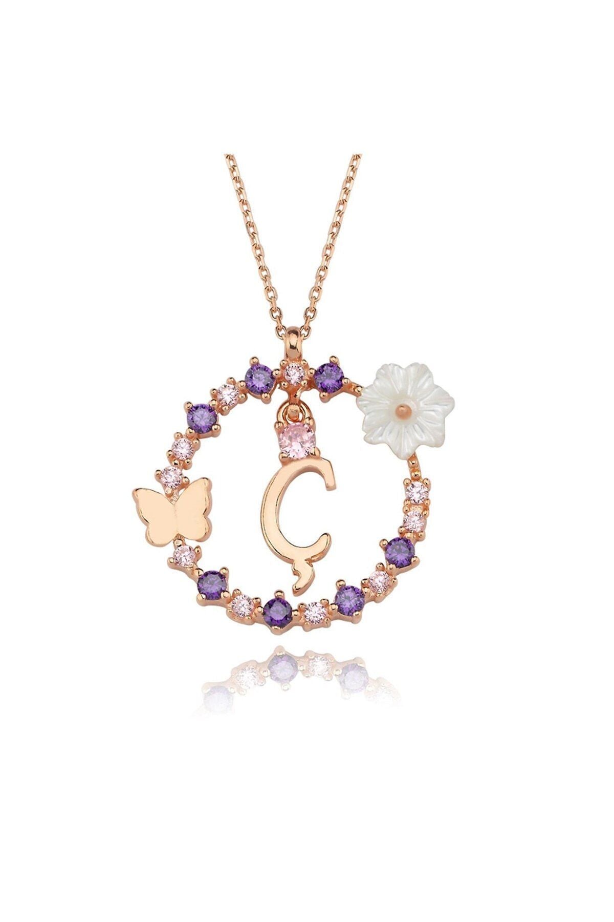 Magnolia Flower Dreams Glitter 14k Rose Gold Ç Letter Women Necklace