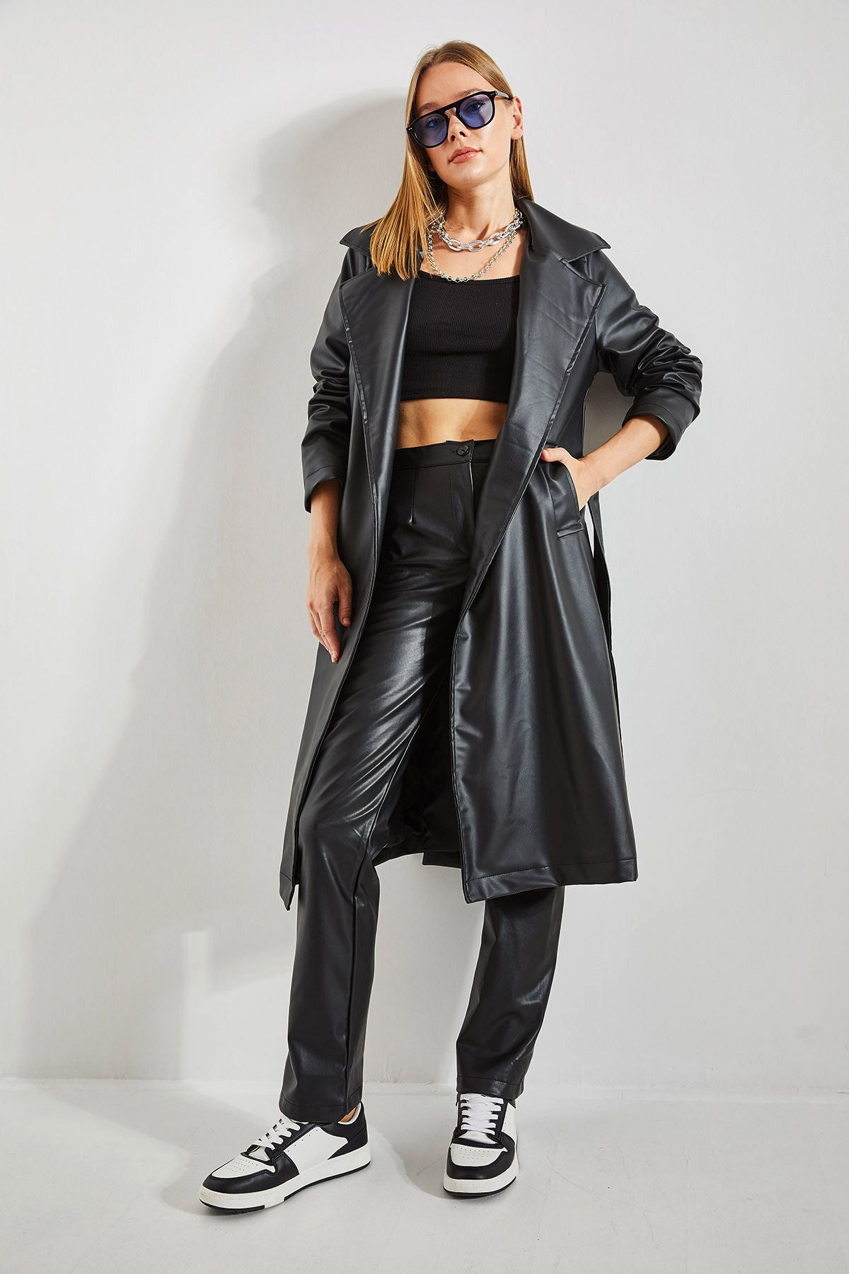 Women belt leather coat