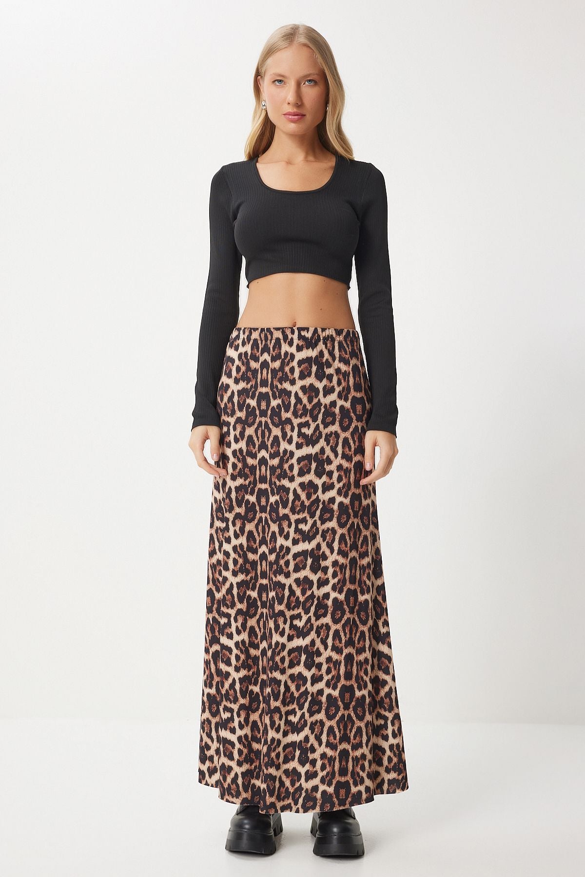 Women's black beige leopard patterned long weaving skirt RC00155