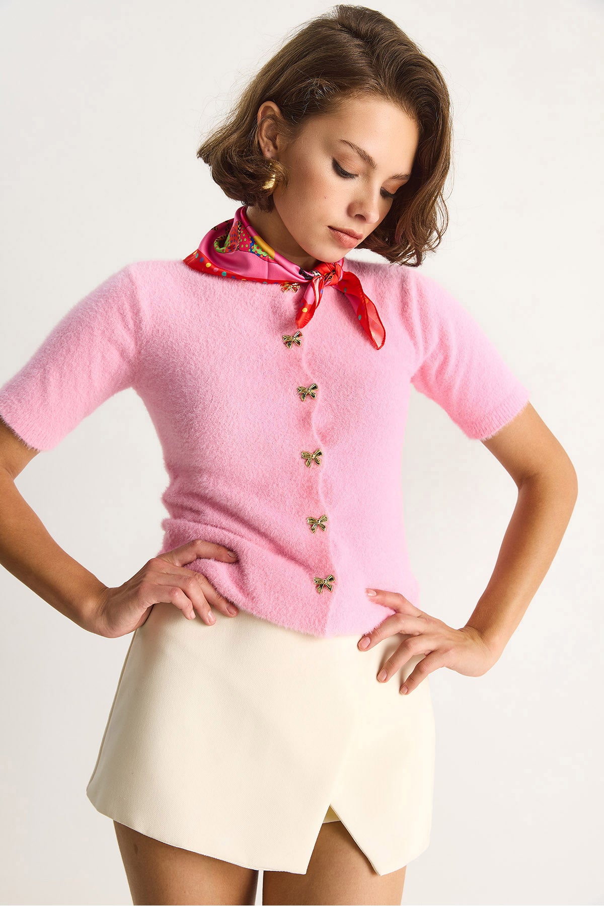 Women's Bow Button Detailed Soft Textured Knitwear Cardigan w25033 60284078