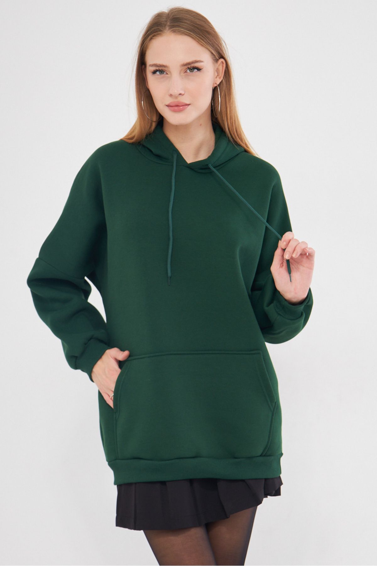 Woman Dark Green Hooded in Sweatshirt Arm-25k001045