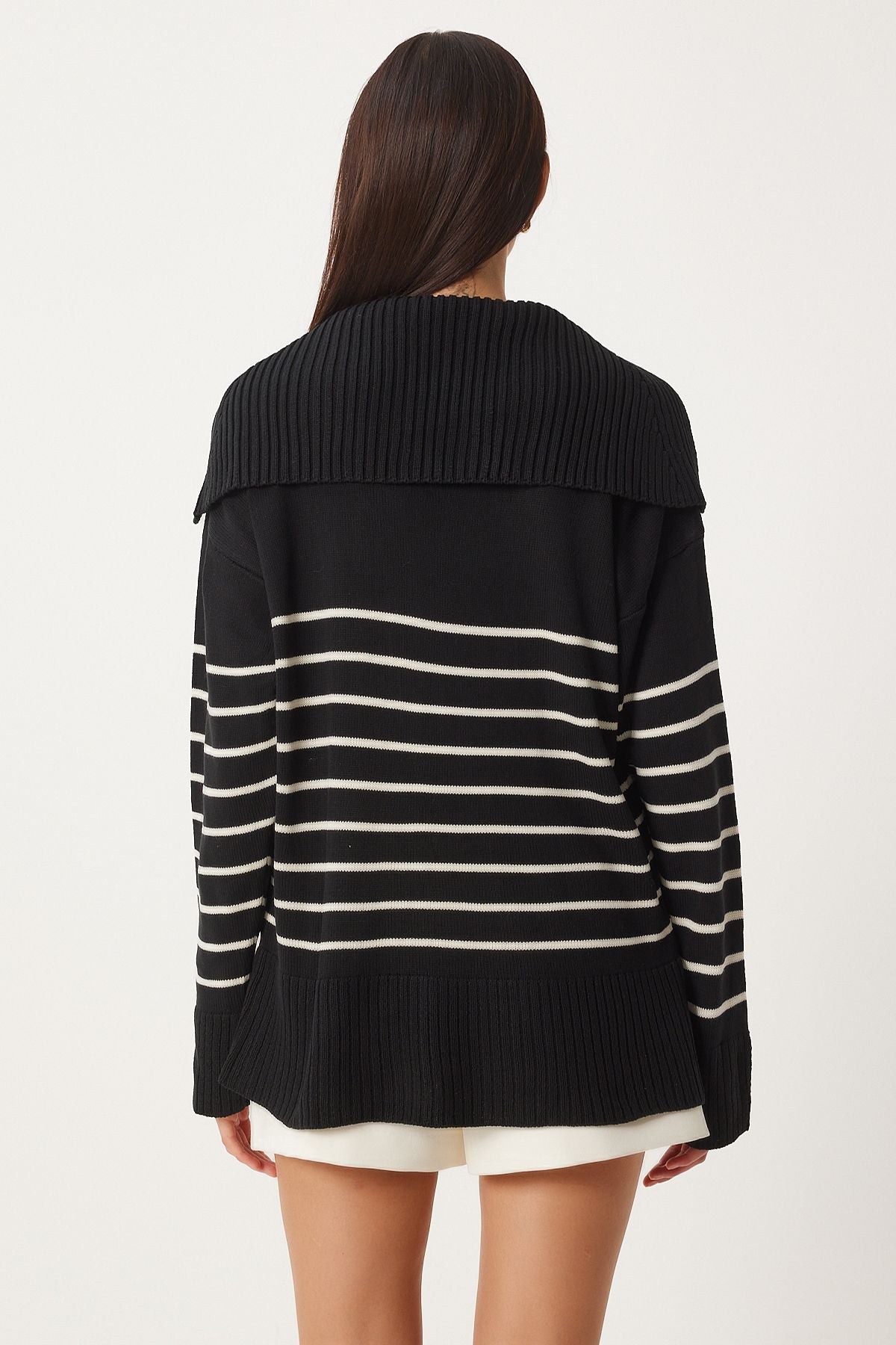 Female black shawl collar striped oversize knitwear sweater FN03345