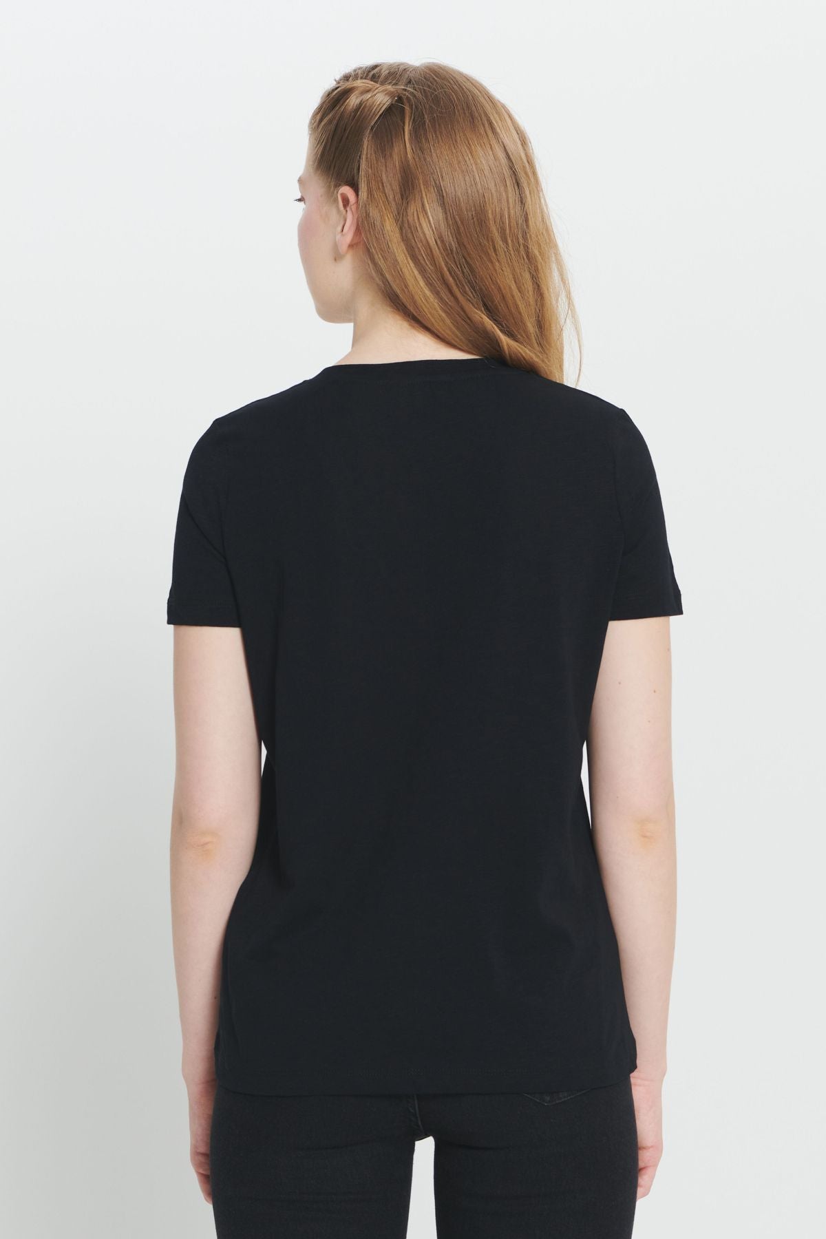 Female Black 100 %Cotton Standard Fit Normal Cut V -Neck Basic T -shirt