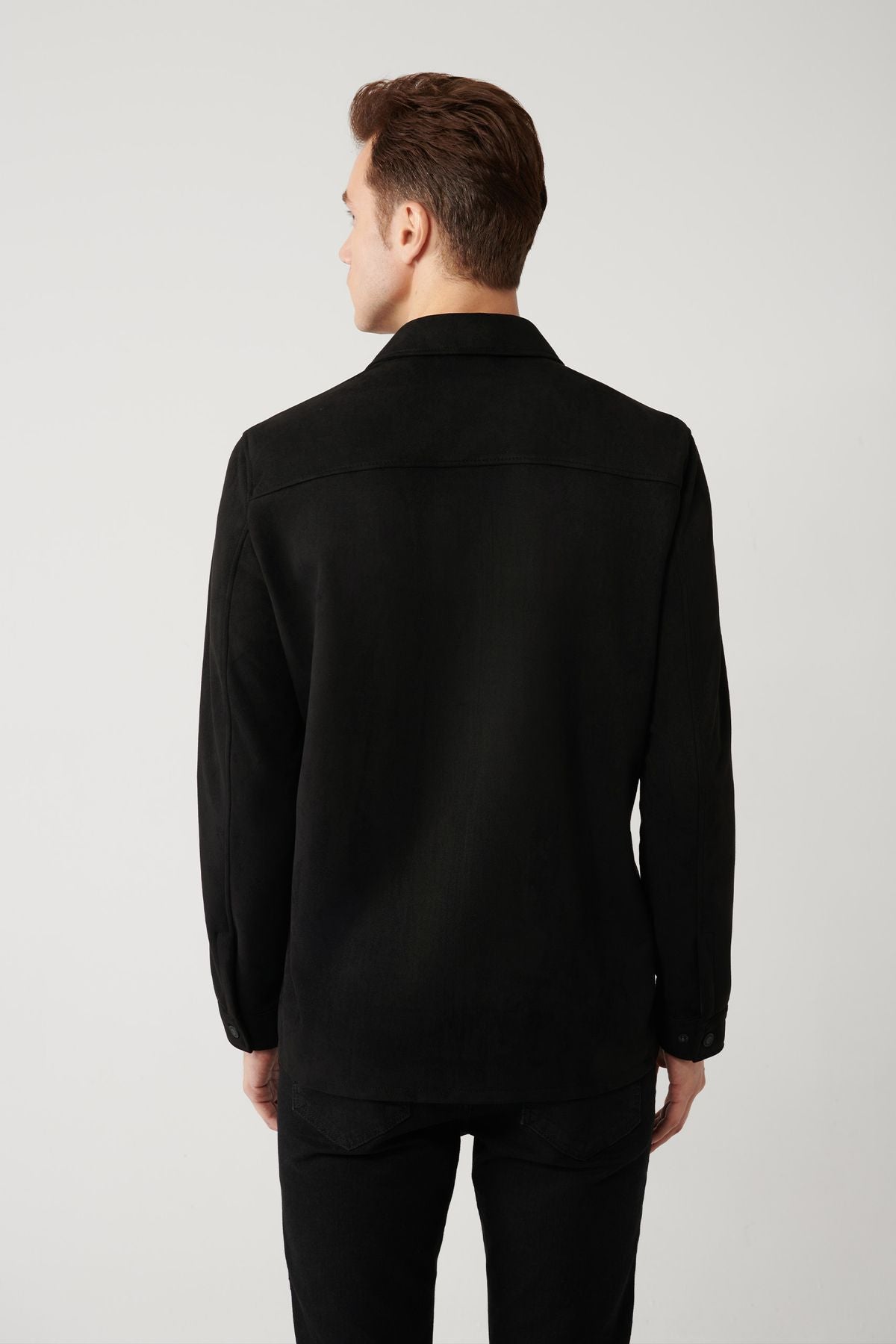 Men's black suede -looking front with a snap pocket Fine Mont shirt A41y6010