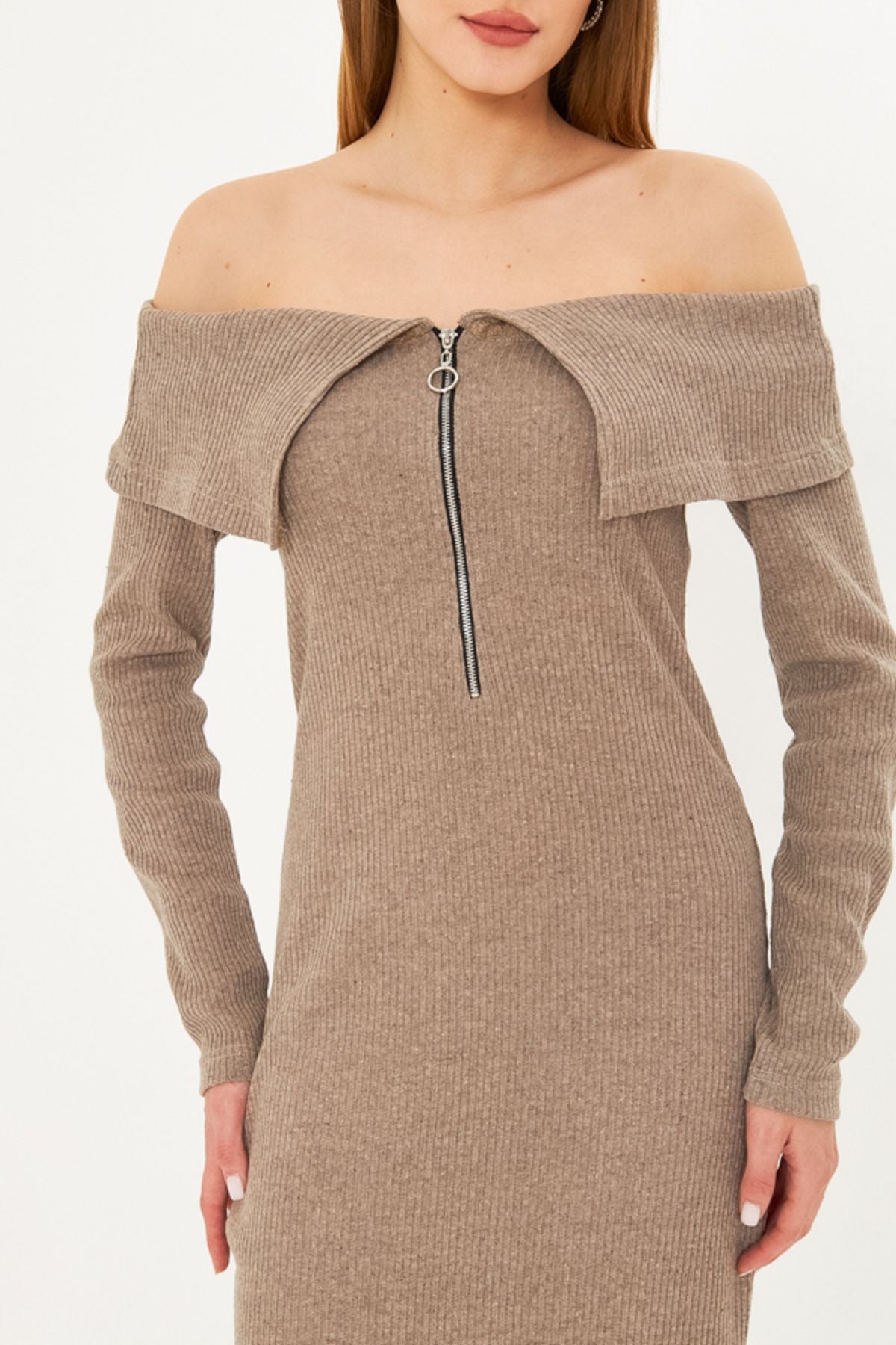 Female mink low shoulder front zipper slit midi height knitwear dress ARM-25K001089