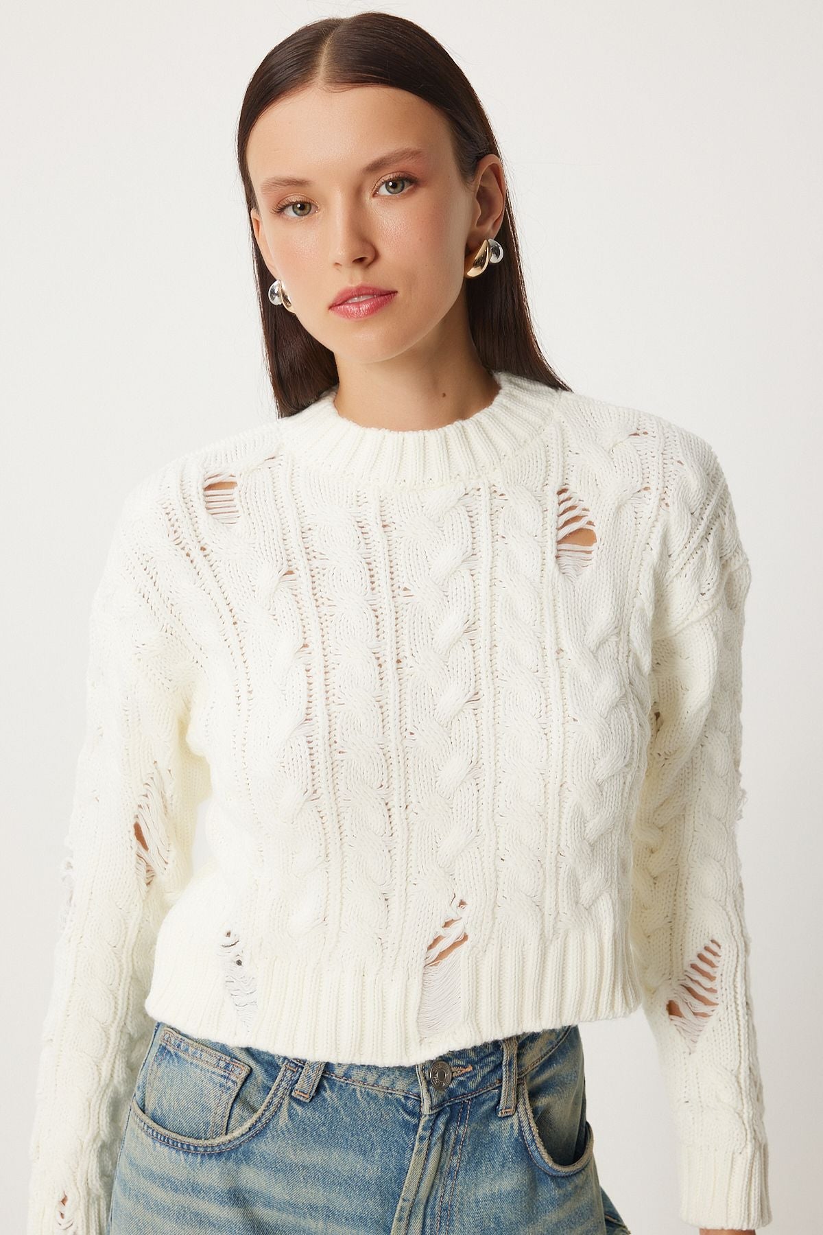 Women's Bone Torn Detailed Braided Knitwear Sweater FN03339