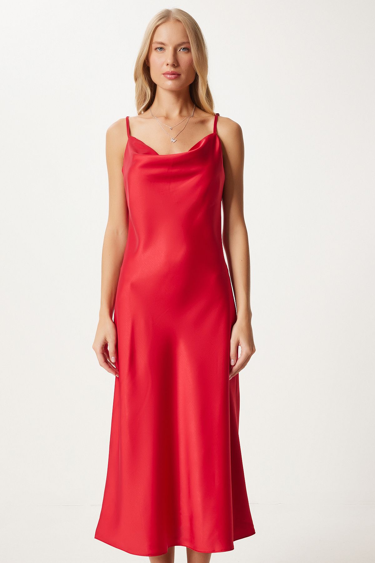 Woman Red Degage Yaka Satin Surface Dress FN03300