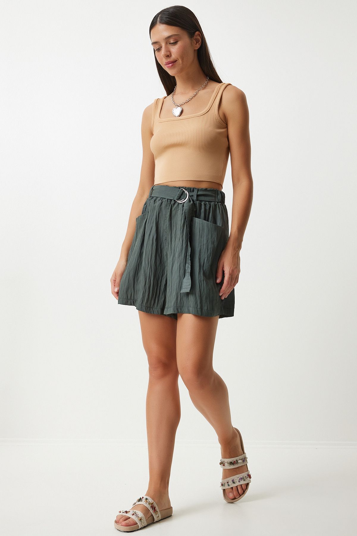Woman Dark Khaki Arched City Boy Woven Shorts RC00154