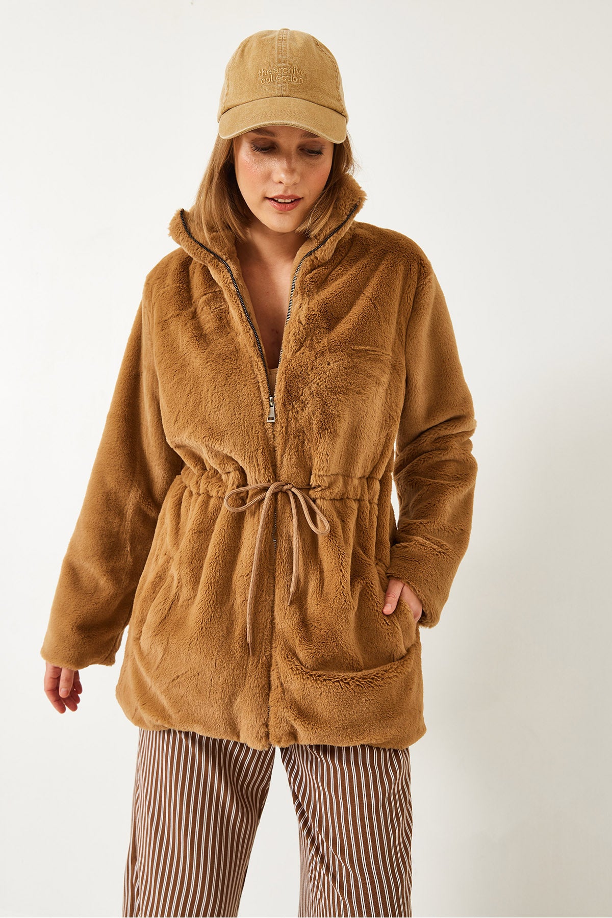 Women's Zippered Long Waist Elastic Fur Coat 2049 60141006