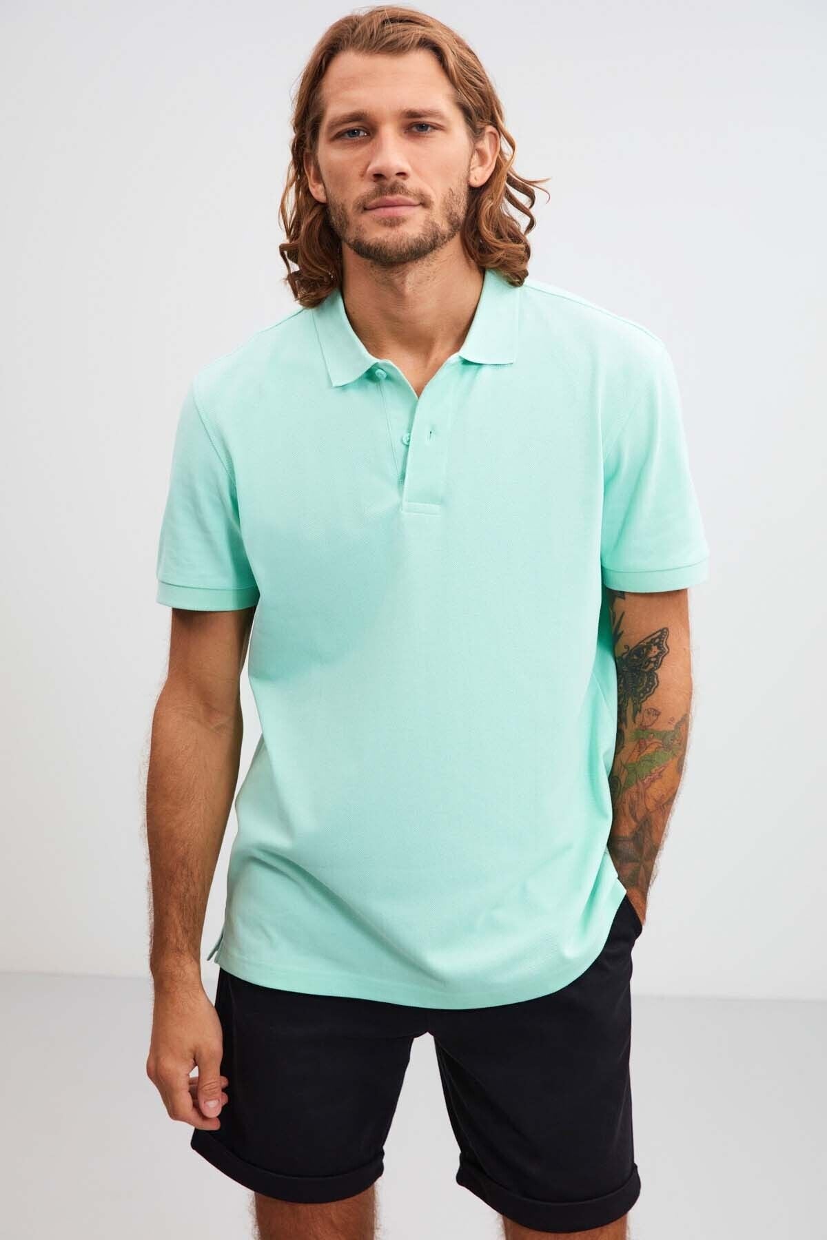 Morgan Men's Regular Mold 100 %Cotton Green Polo Yaka T-shirt