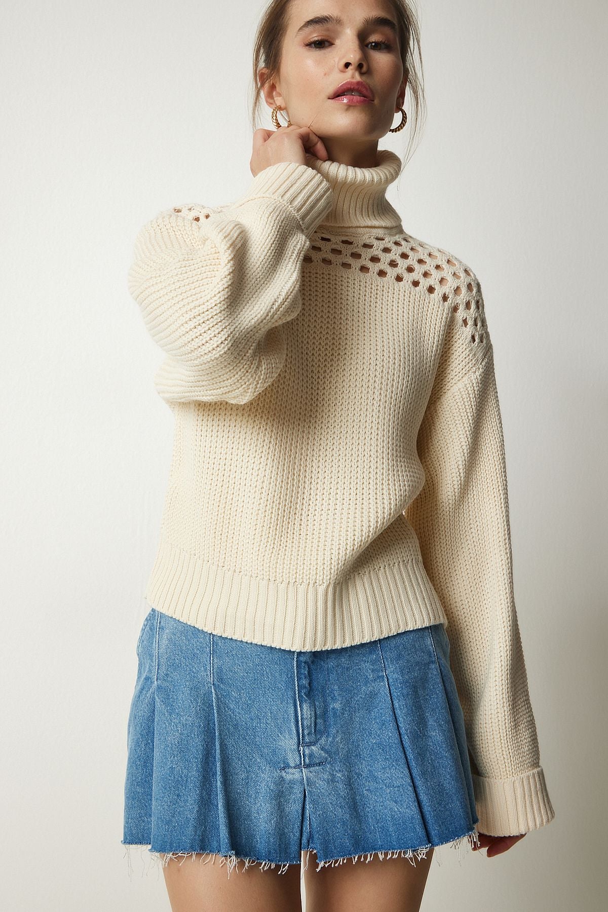 Women's cream fisherman collar openwork knitwear sweater CI00090