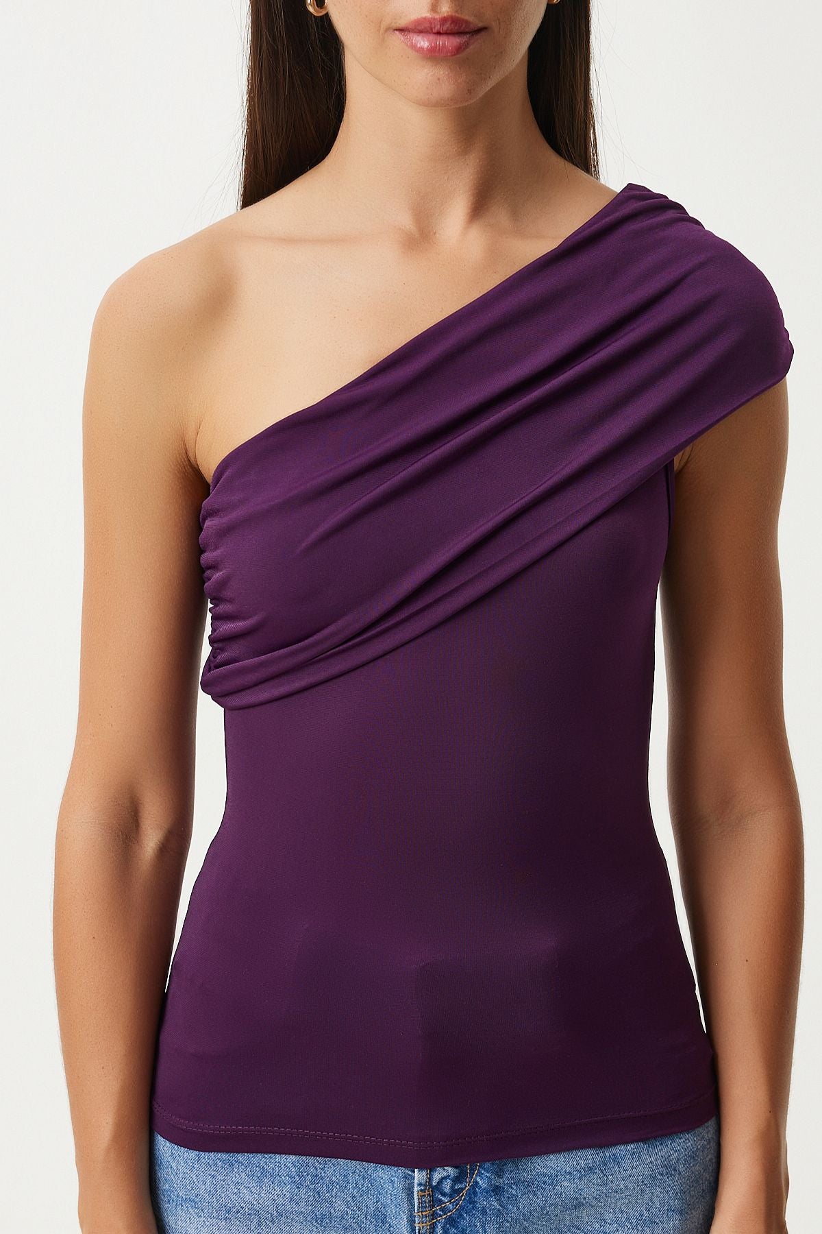 Woman purple single shoulder shirred knitted blouse dz00112