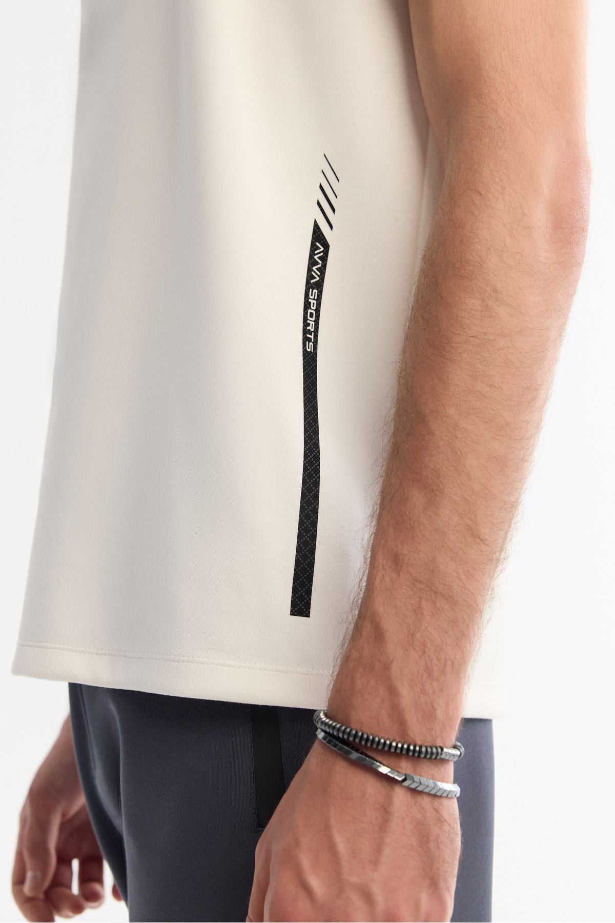 Erkek Ekru Bisiklet Yaka Baskılı Elastan T-shirt A42y1017