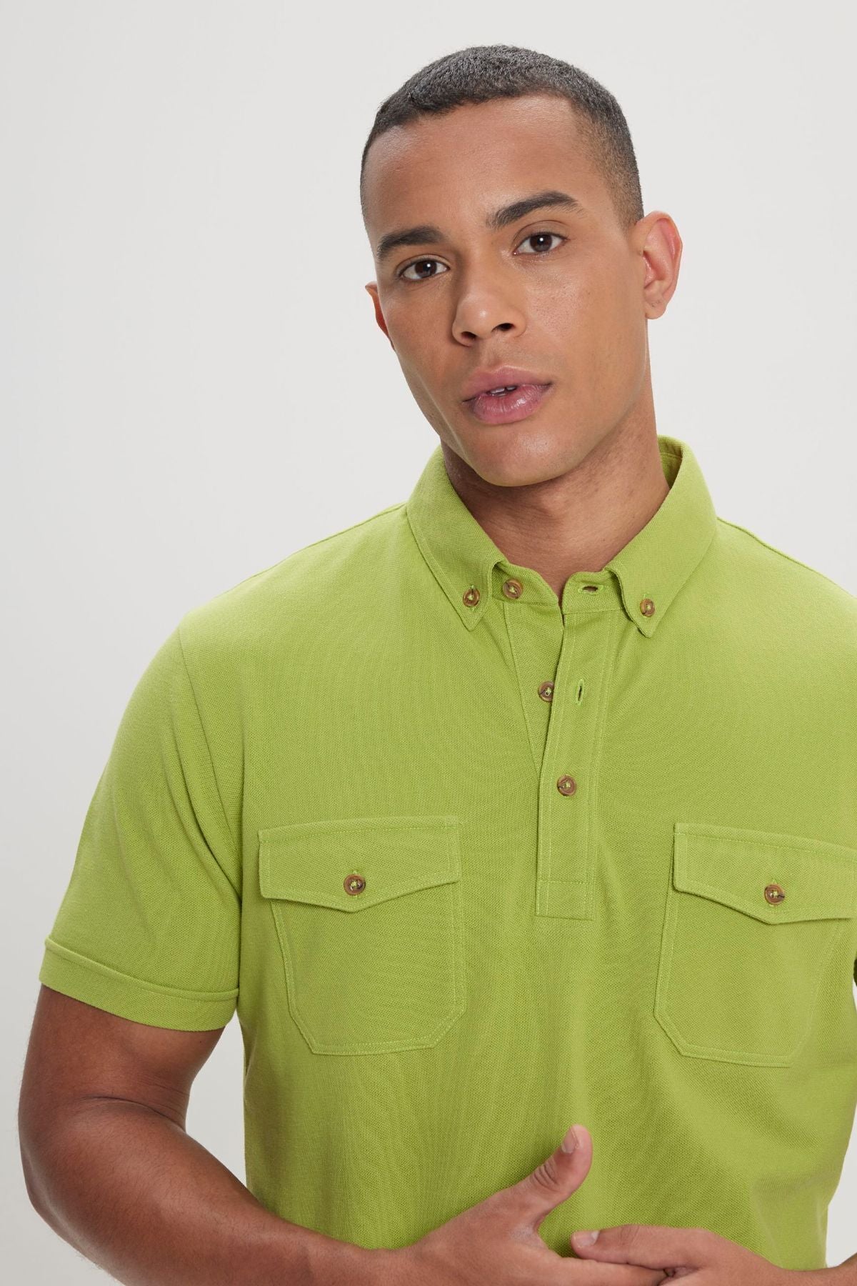 Men's Peanut Green 100 %Cotton Slim Fit Narrow Cut Polo Yaka T -shirt