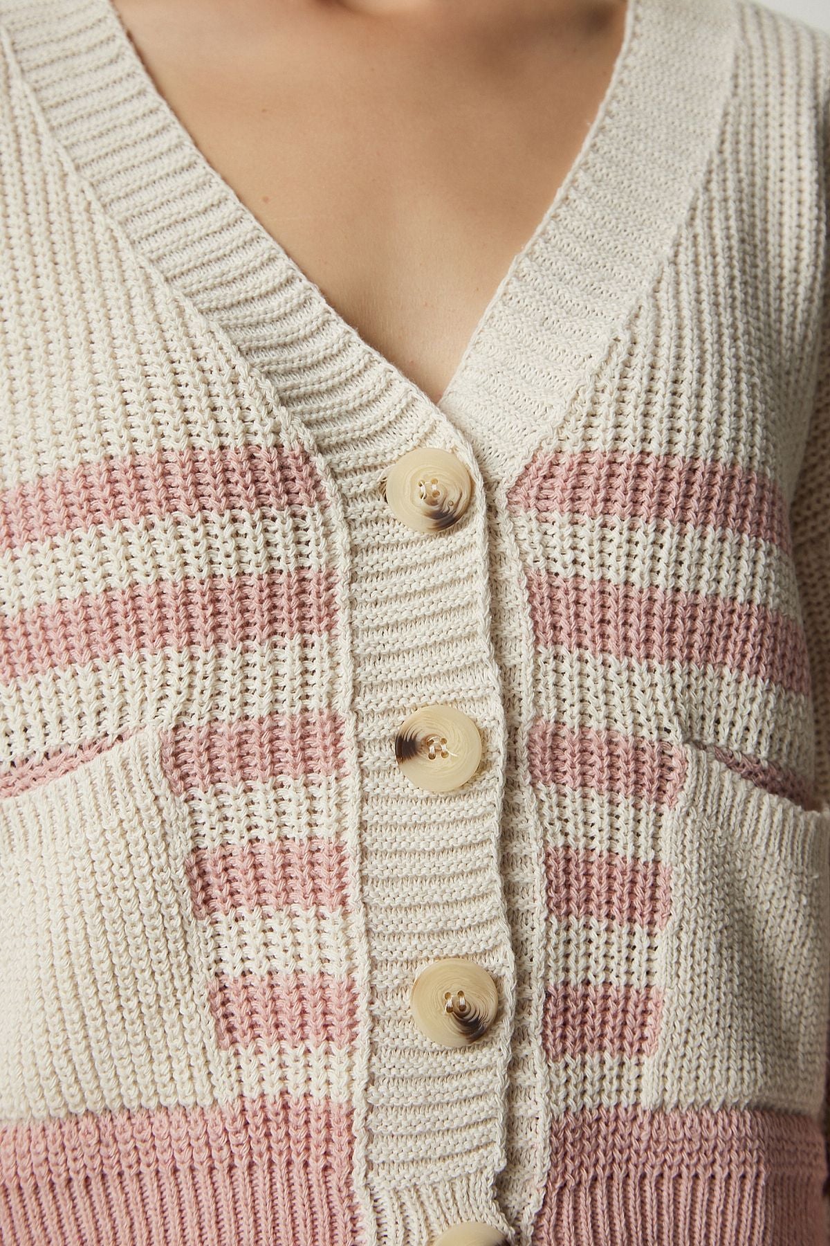 Female beige powder striped knitwear cardigan mc00237