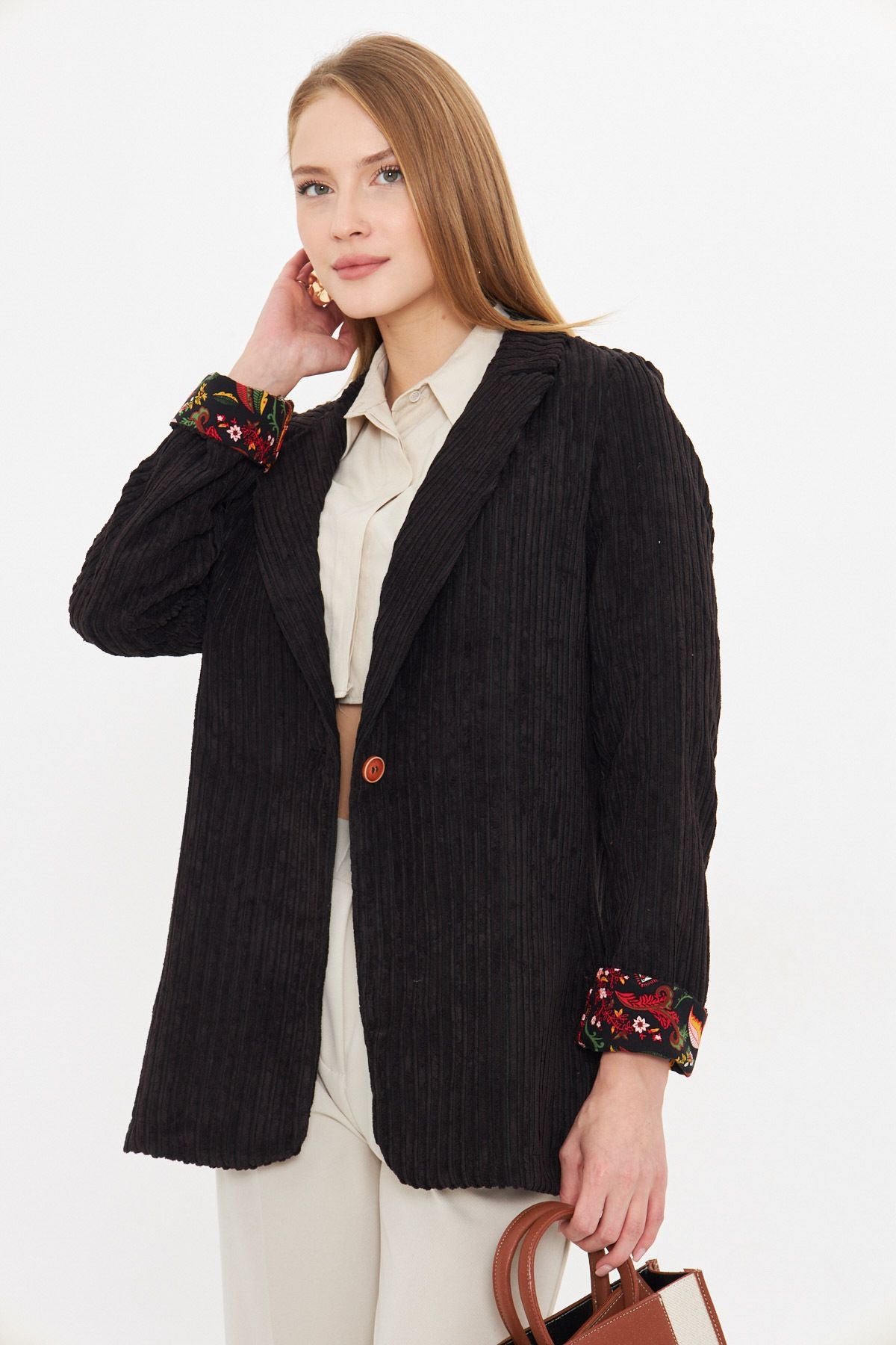 Female Black Sleeve Patterned Single button Velvet Jacket ARM-24K001056