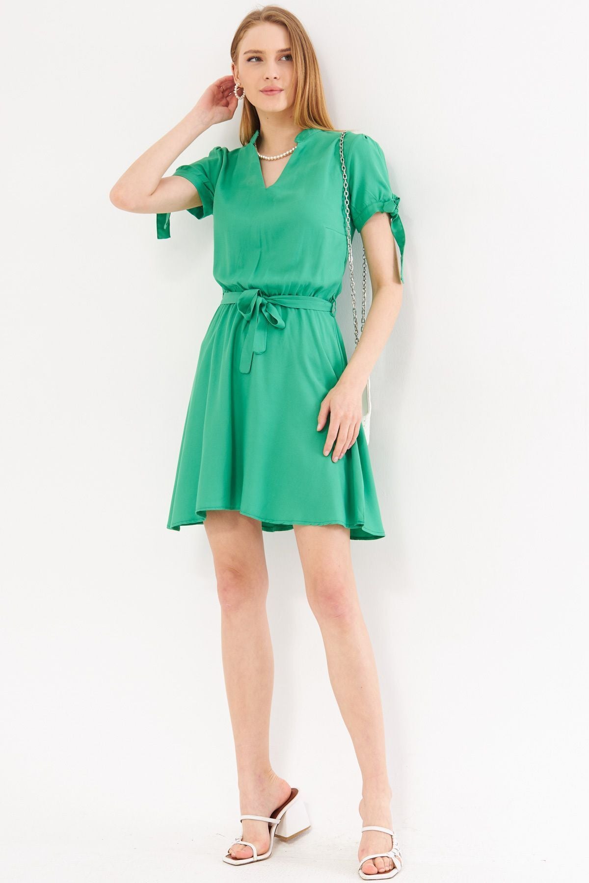 WOMEN LIGHT GREEN DUGER BOLE BLACK LEFT BELIA BECASTED SHORT DRESS ARM-23Y001088