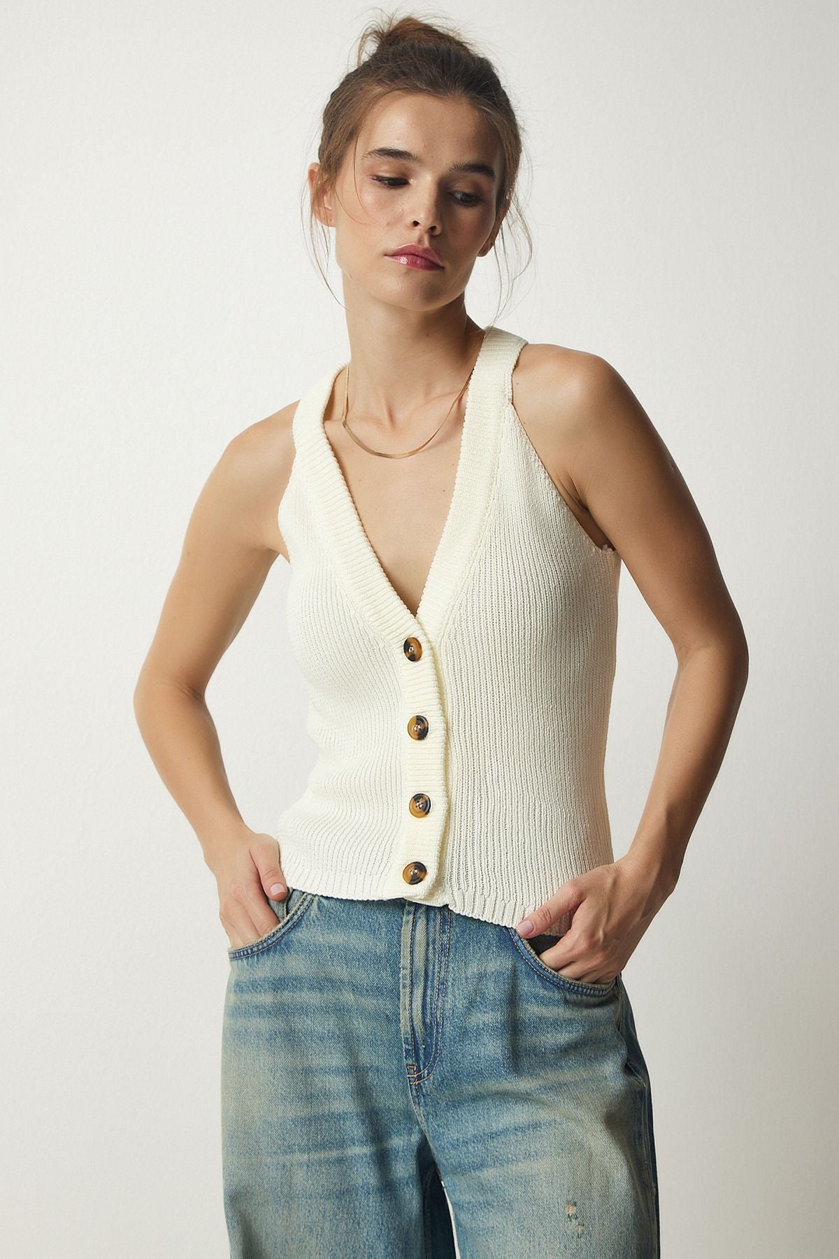 Female Ecru Weightlifting Knitwear Triko Vest FN03118