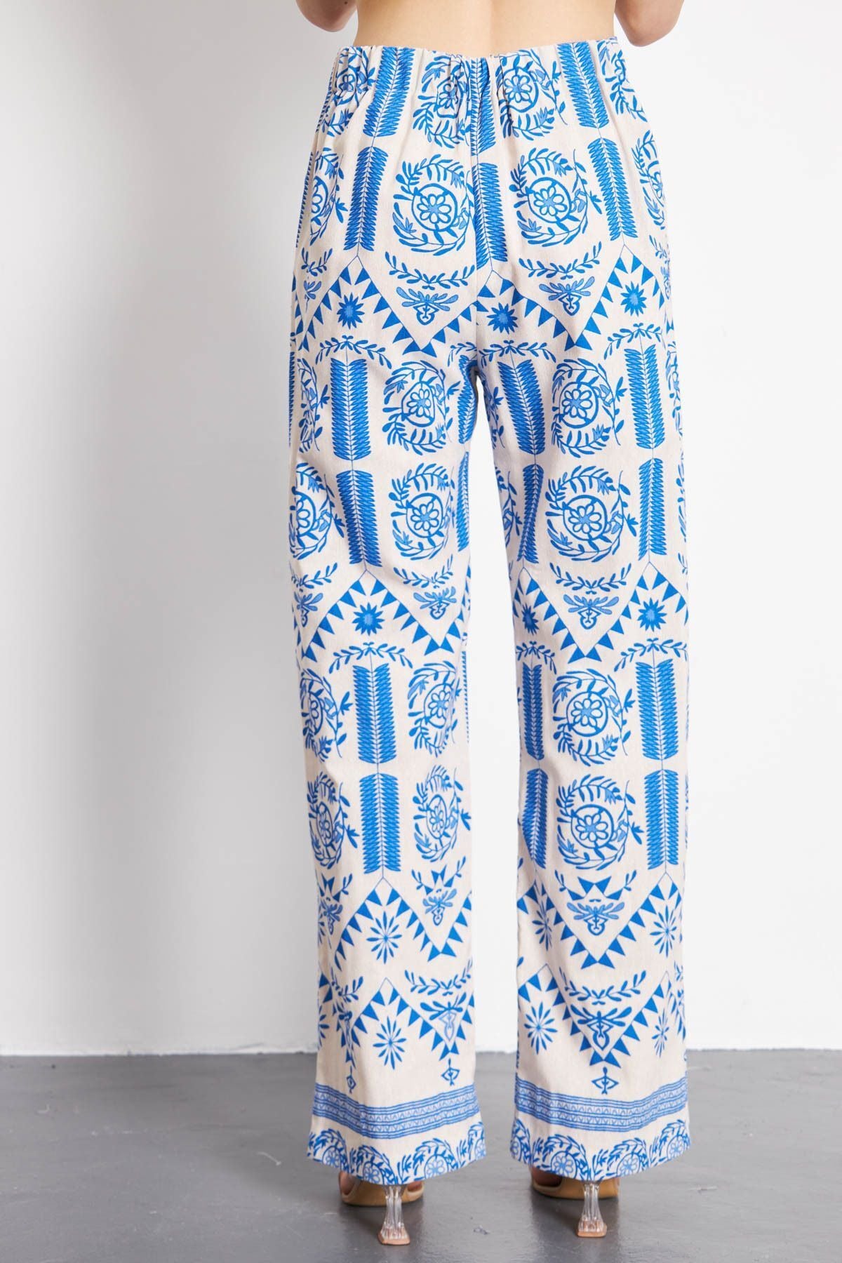 PALAZZO Pants with Patterned Patterned Blue Linen Look