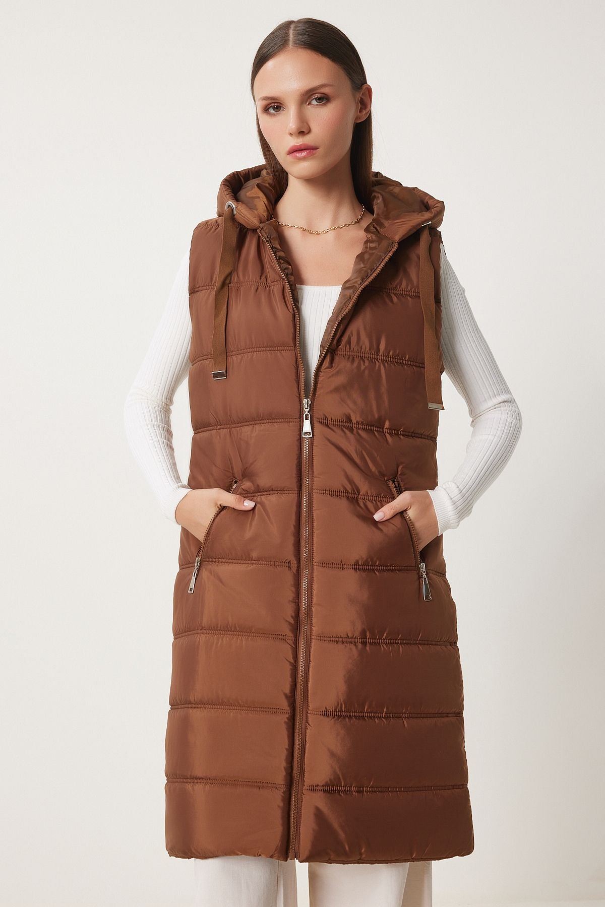 Woman Brown Hooded Sleeveless Long Swelling Vest DD01010