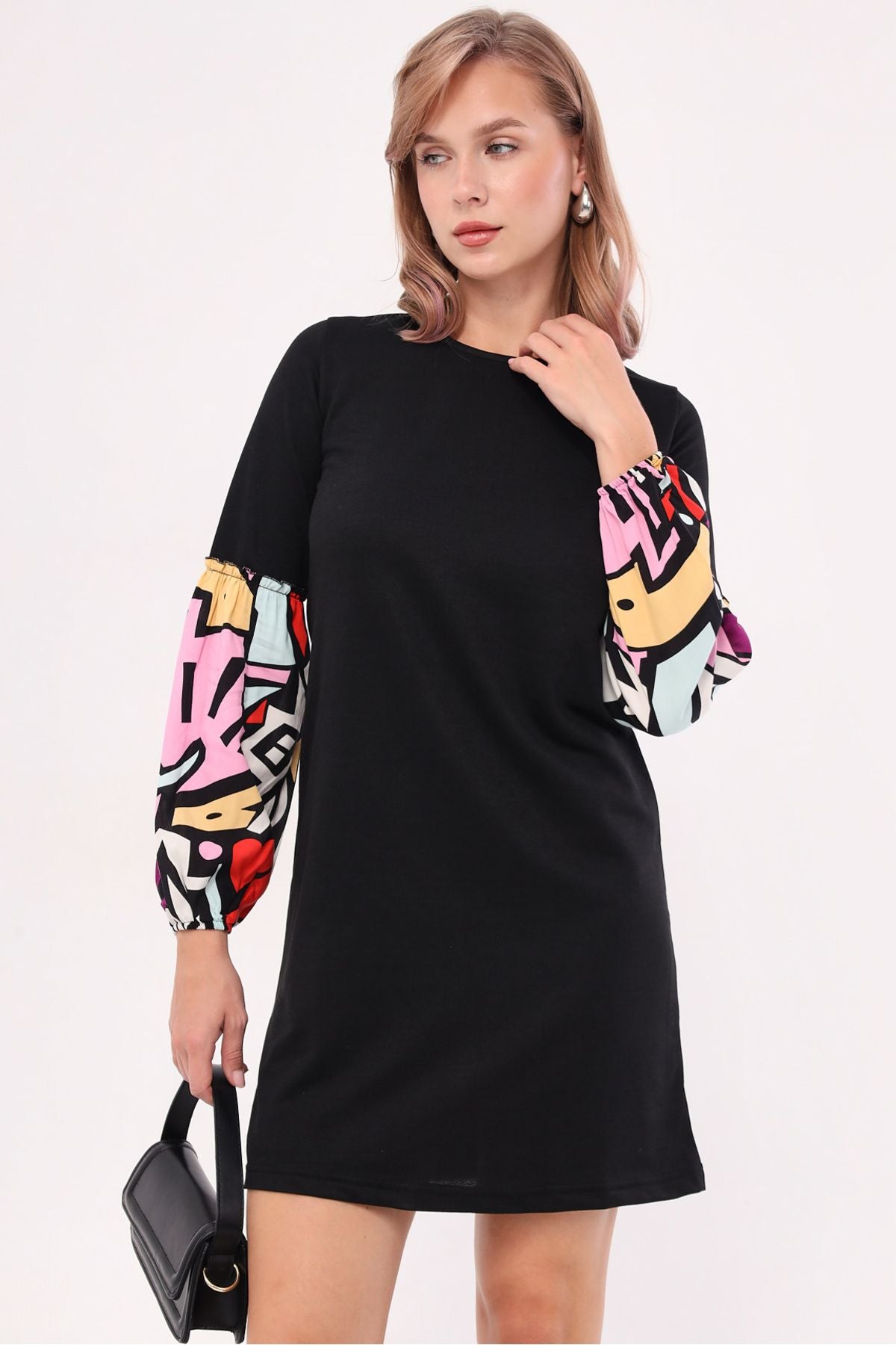 Female Black Geometric Patterned Balloon Sleeve Dress ARM-20K001099