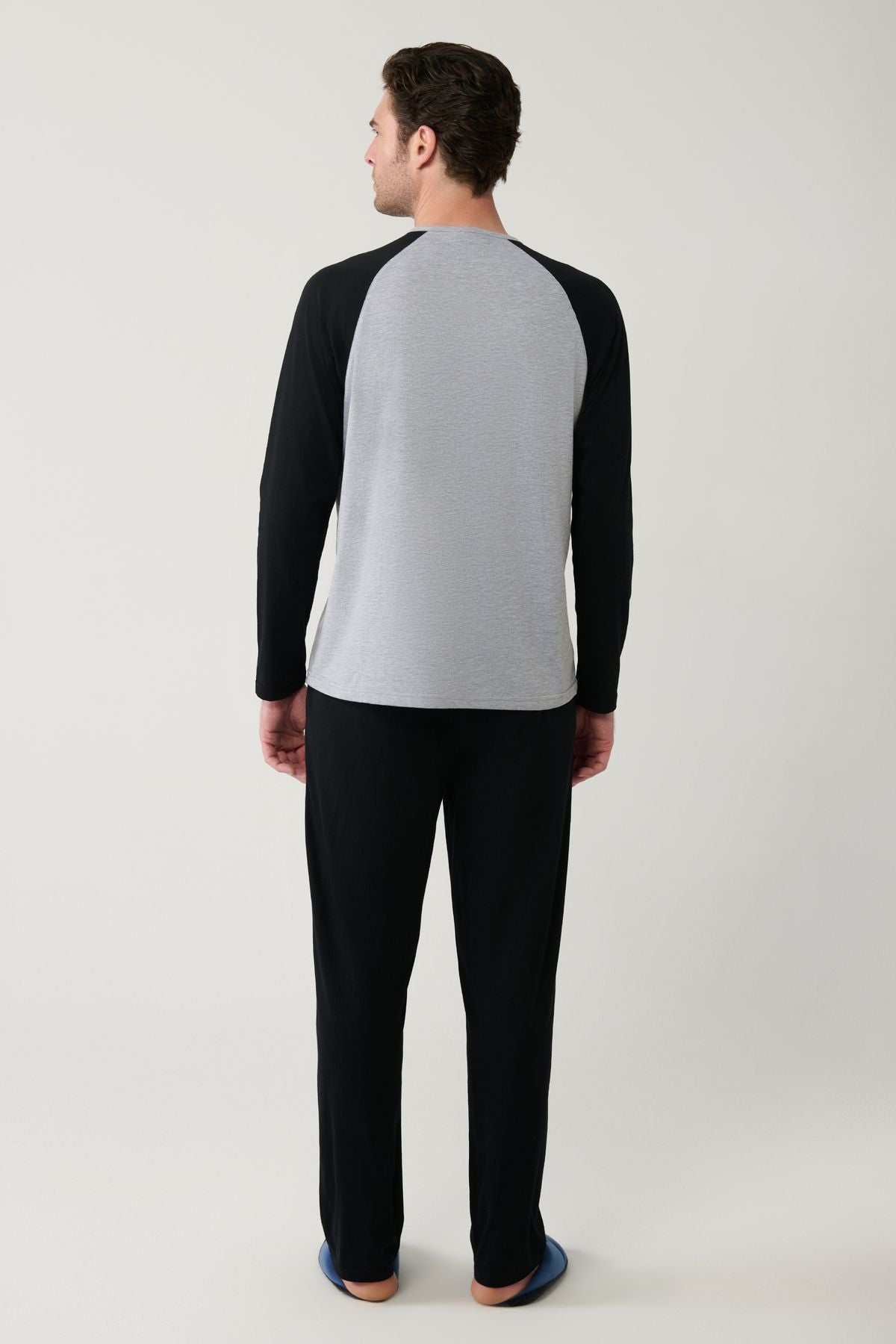 Men's black button bomber collar cotton special box pajama set E003306