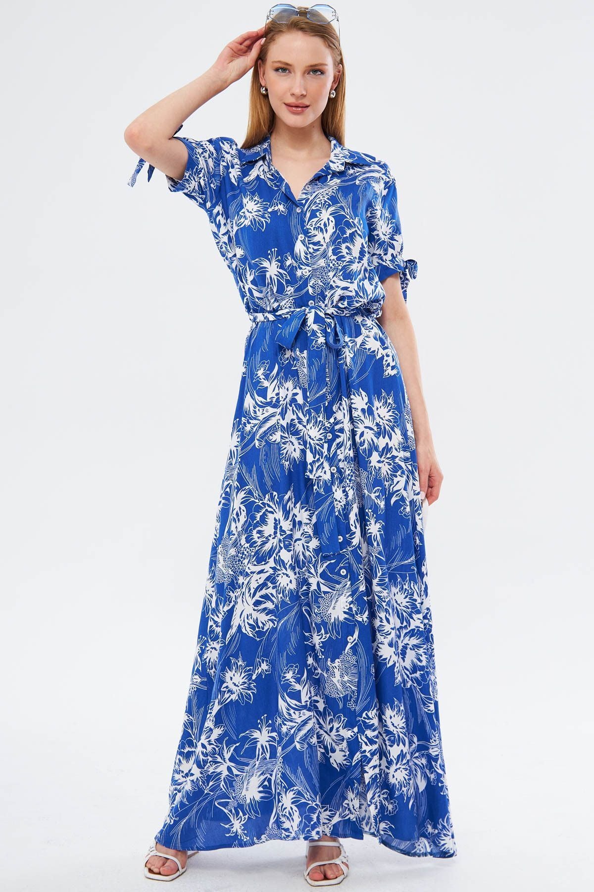 Female Blue Arm Tied waist belt shirt dress ARM-23Y001004