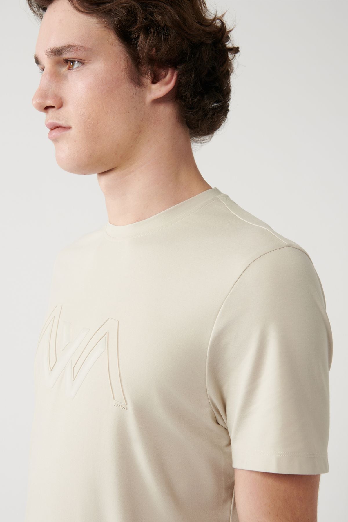 Men's Beige Bicycle Collar Printed Soft Touch T-shirt A41y1037