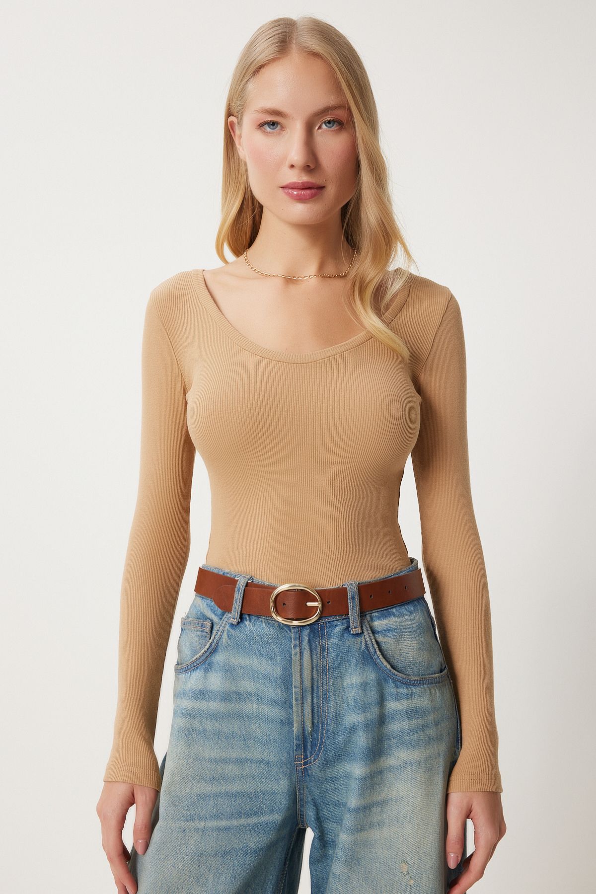 Female Biscuit V -Neck Vummer Lycra Knitting Blouse GT00057