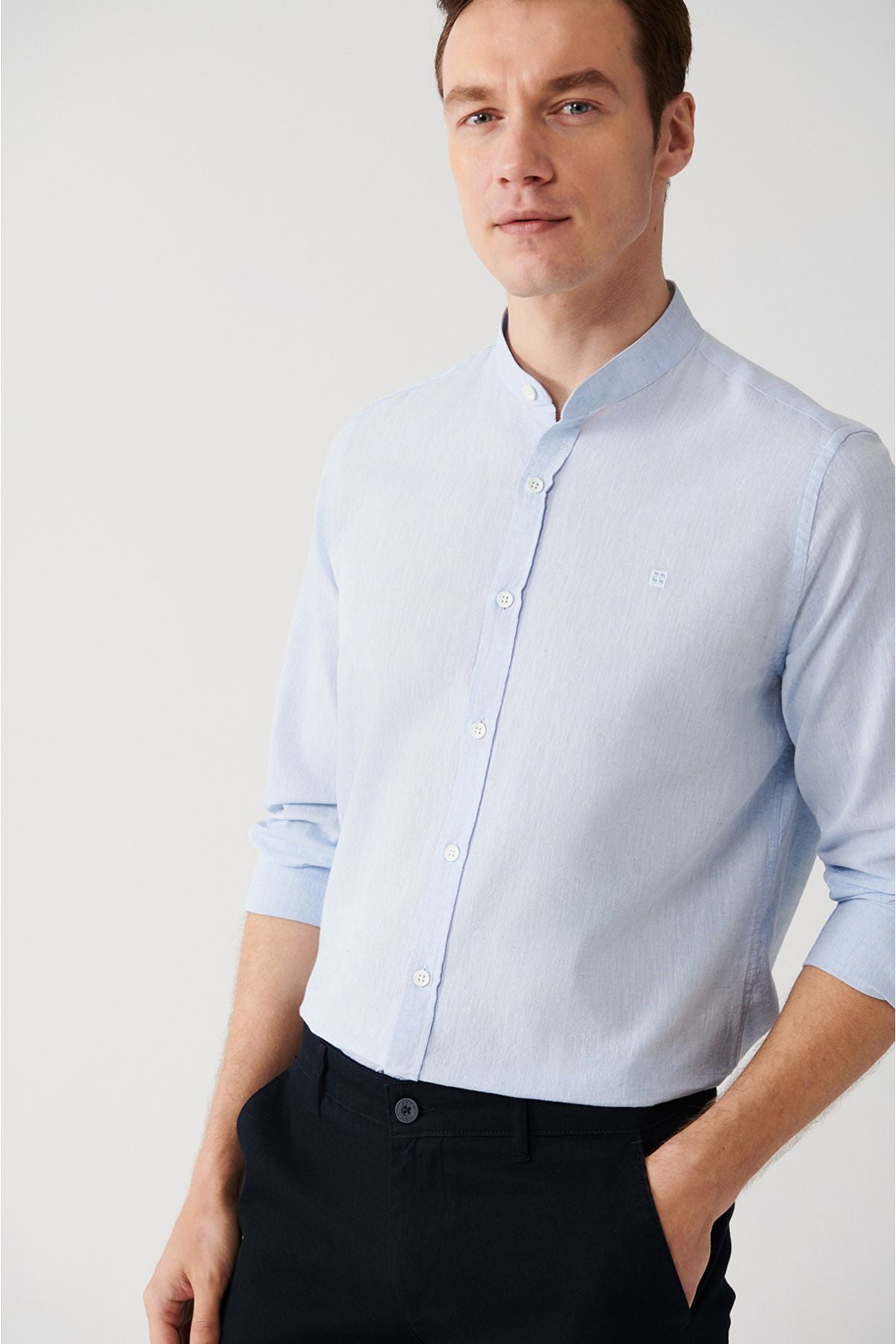 Men's blue dominant collar linen mixed shirt B002027