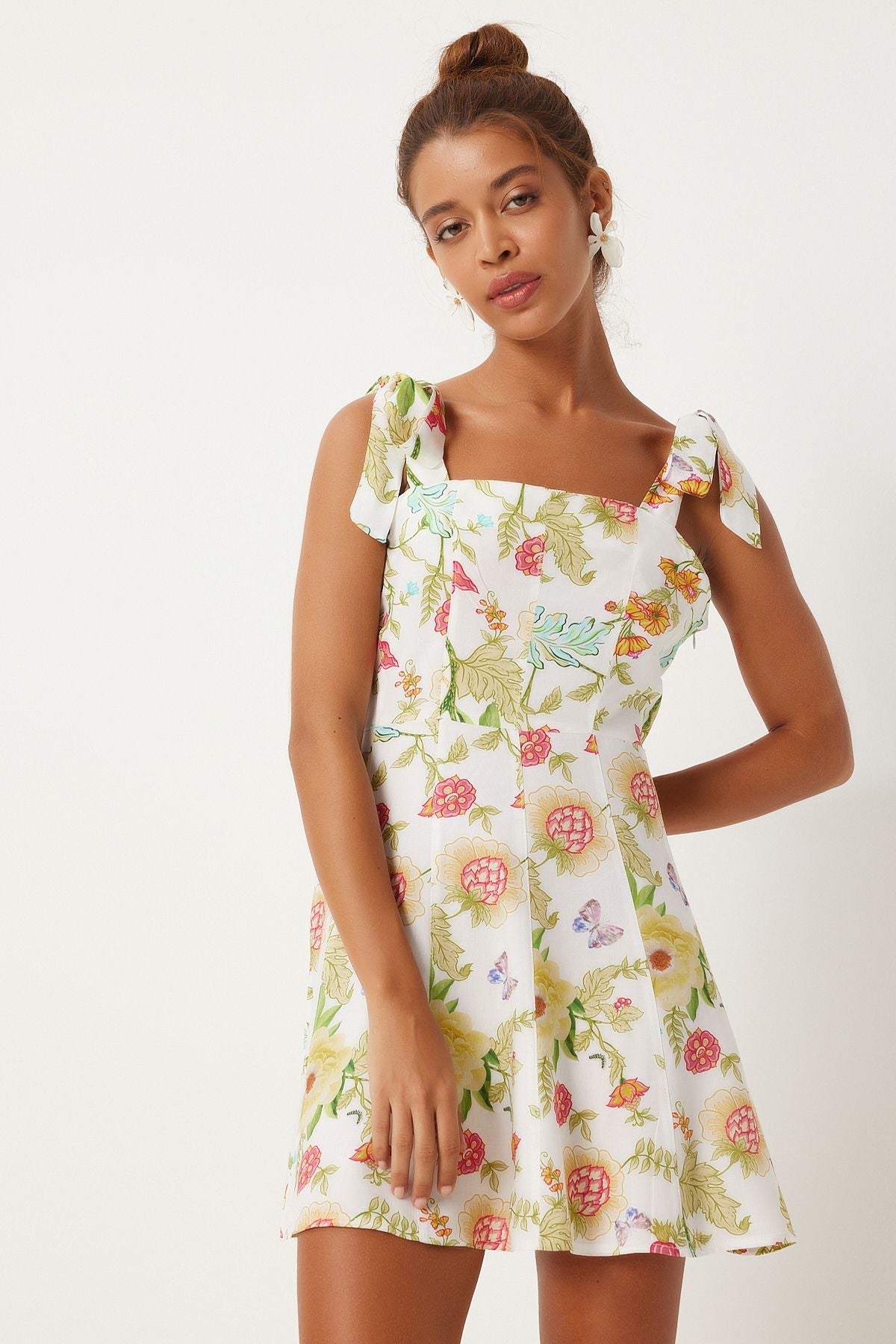 Female Ecru Green Thick Hanger Patterned Summer Mini Viscose Dress FN03238