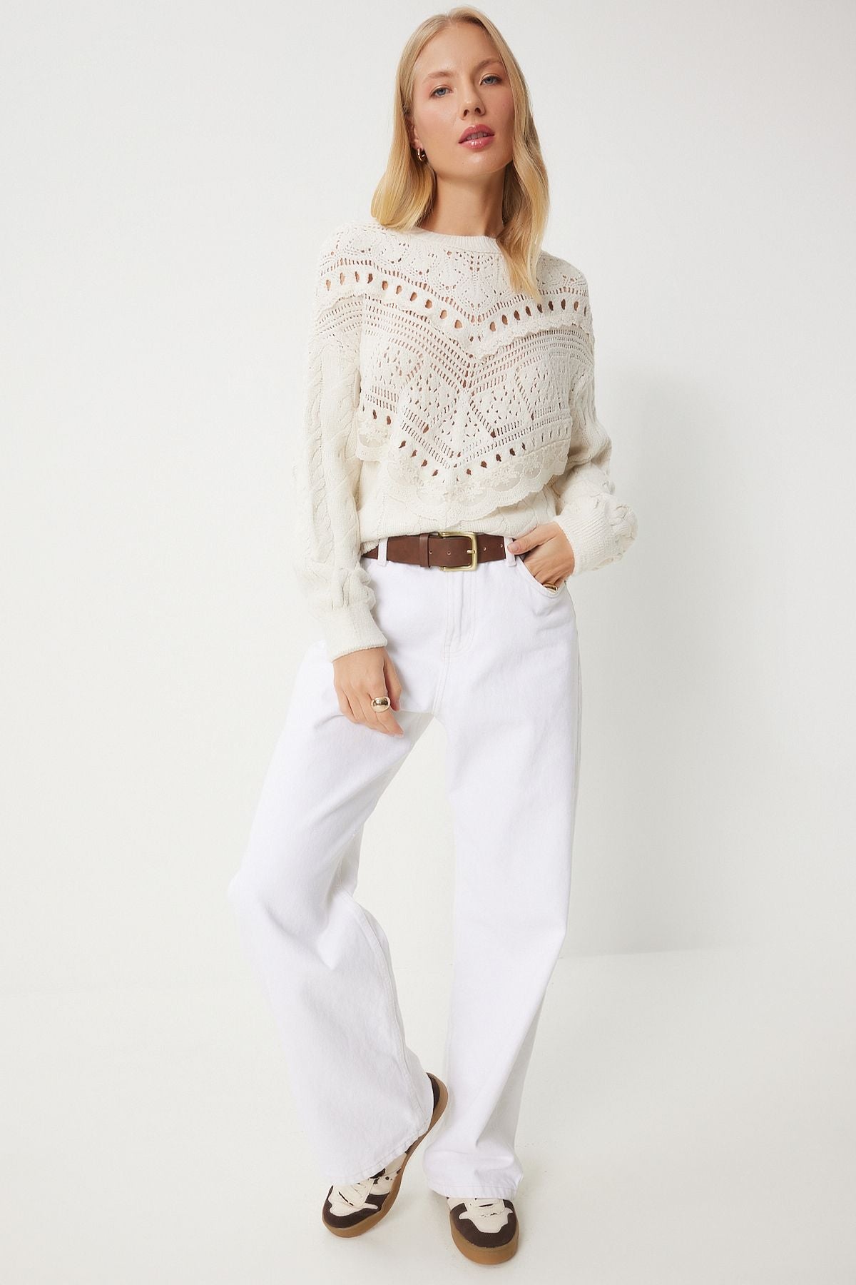 Women's Cream Lace Detail Offer Knitwear Kazakh KL00005