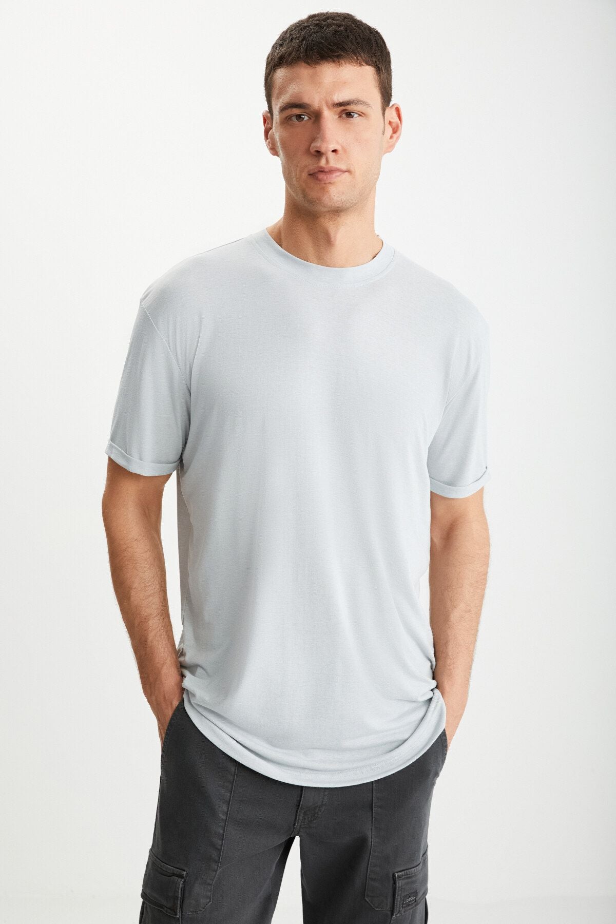 Oscar Men's 100 %Organic Cotton Comfort Fit Long Dubborn Fabric Light Gray T-Shirt