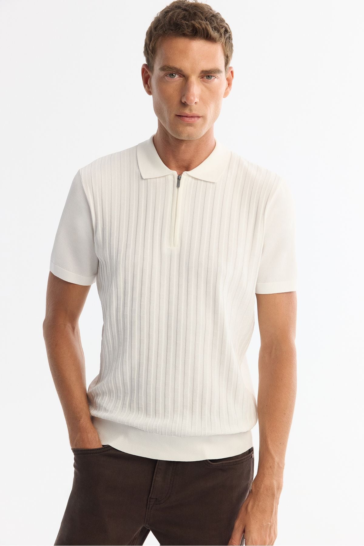 Male Ecru Polo Yaka Zippered Rayon Triko T-Shirt A42y5128